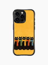 PhoneCasing iPhone 16 Pro Max with hand-drawn scarfed cats art, naive-style black felines with bold colors and cozy winter details.