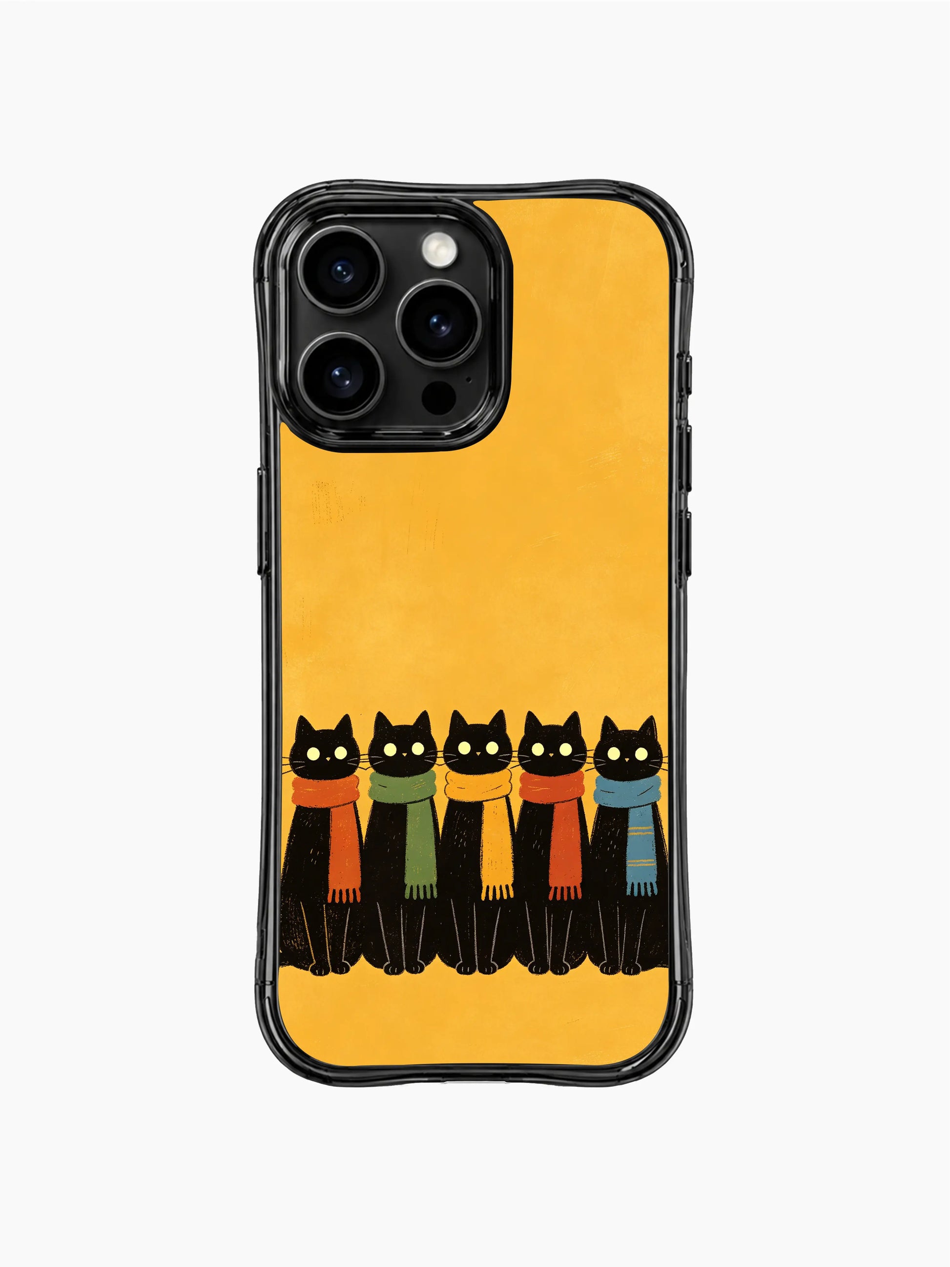 PhoneCasing iPhone 16 Pro Max with hand-drawn scarfed cats art, naive-style black felines with bold colors and cozy winter details.