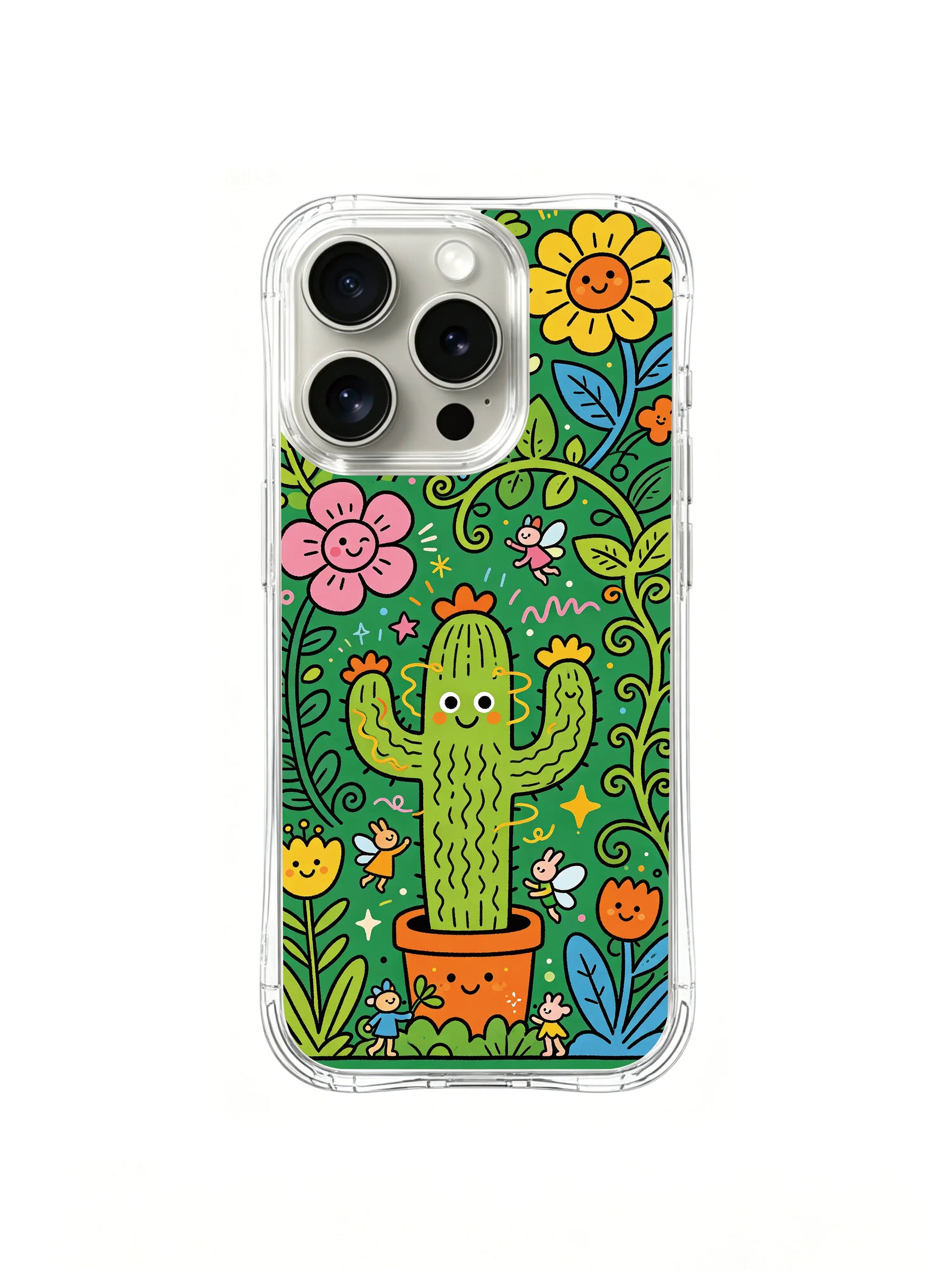 PhoneCasing iPhone 16 Pro Case with hand-drawn Silly Plant Garden art, premium artist-designed case made in California for iPhone 16 Pro.