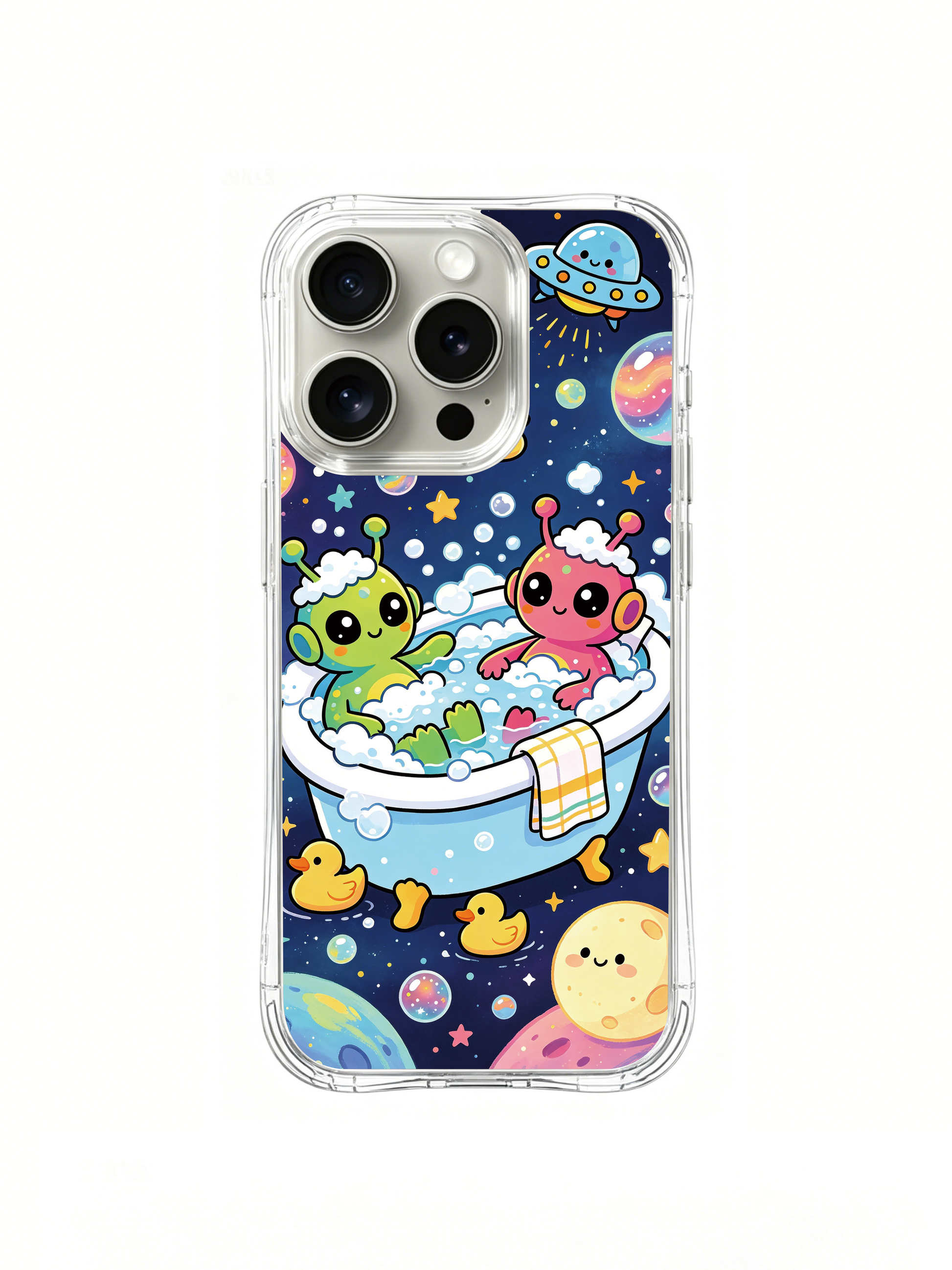 PhoneCasing iPhone 16 Pro Case with hand-drawn space bath art, premium artist-designed case made in California for iPhone 16 Pro.
