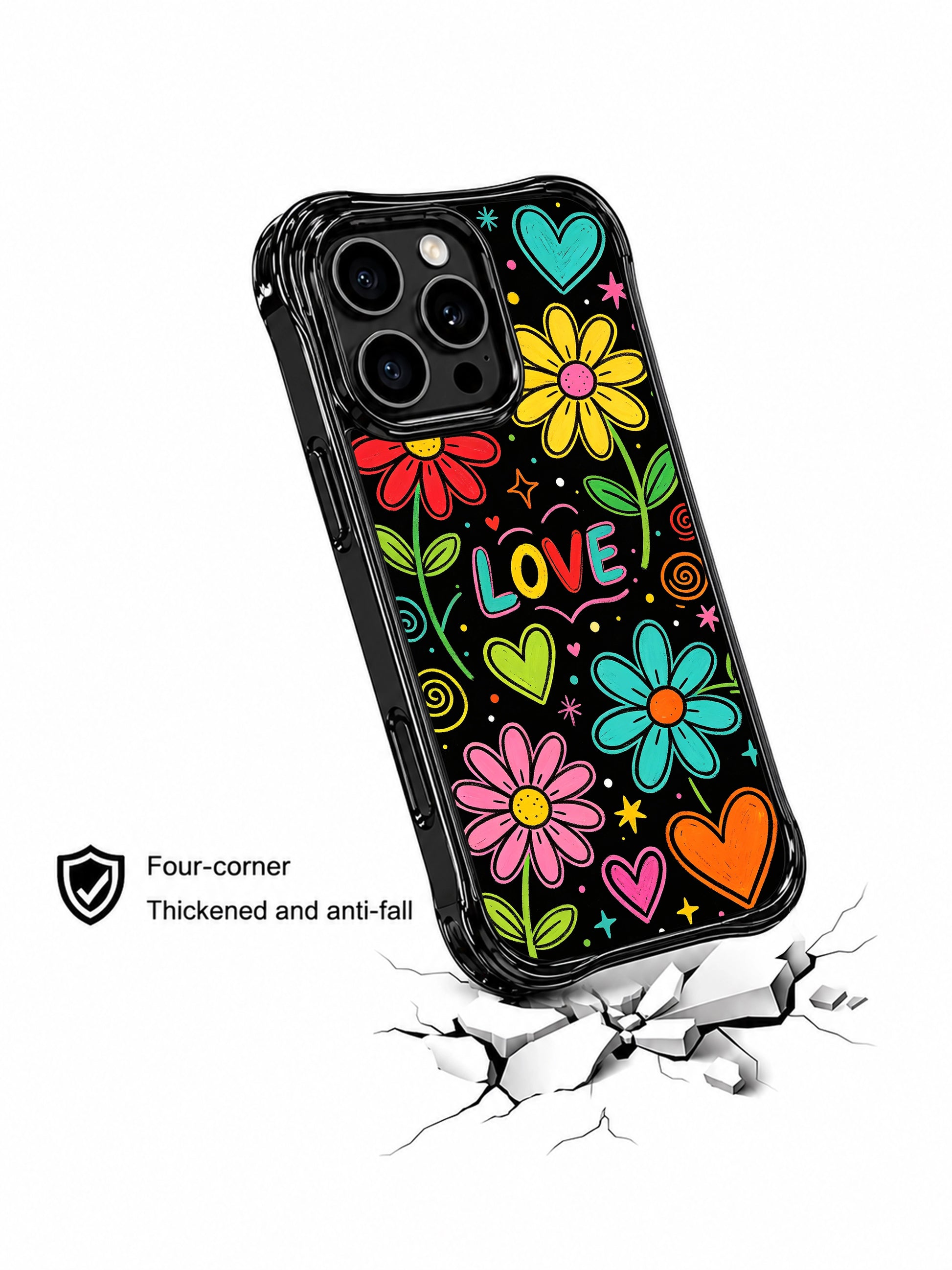 PhoneCasing iPhone 13 Pro Max casing showcasing full stem daisy flowers with green leaf details paired with irregular neon heart shapes, whimsical sweet crush aesthetic, casual daily wear phone case.
