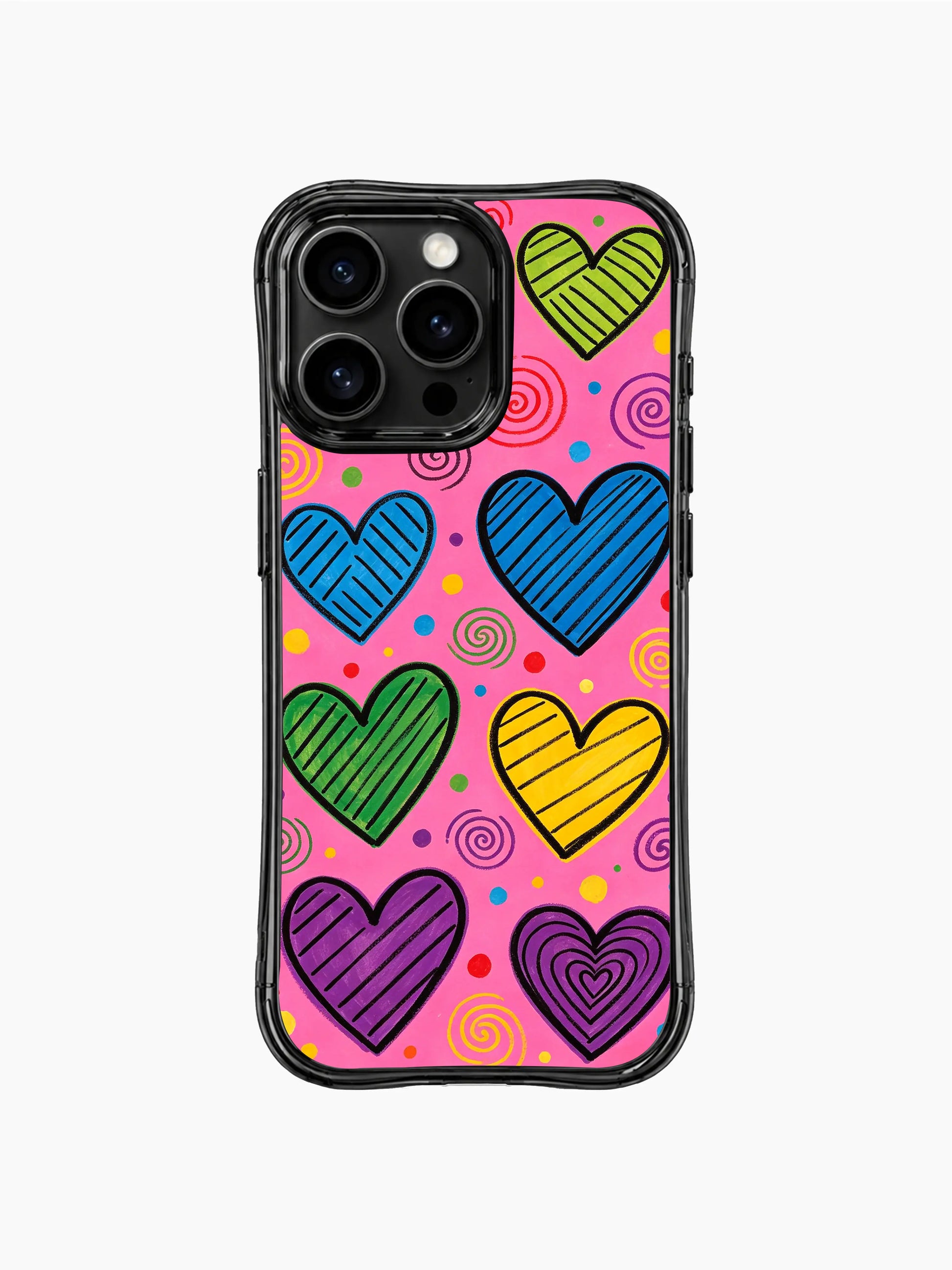 PhoneCasing iPhone 13 Pro Max case thick black outline striped sketch hearts, swirl confetti embellishments youthful girly artistic casing.