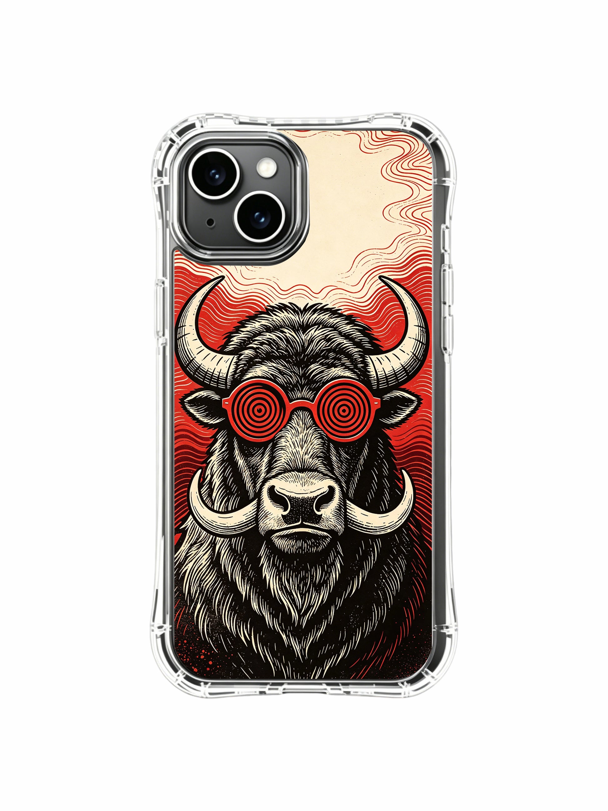 Hand engraved woodcut bison fine art print on PhoneCasing iPhone 13 Case, curated luxury wearable art accessory from California-based artist collaboration atelier.