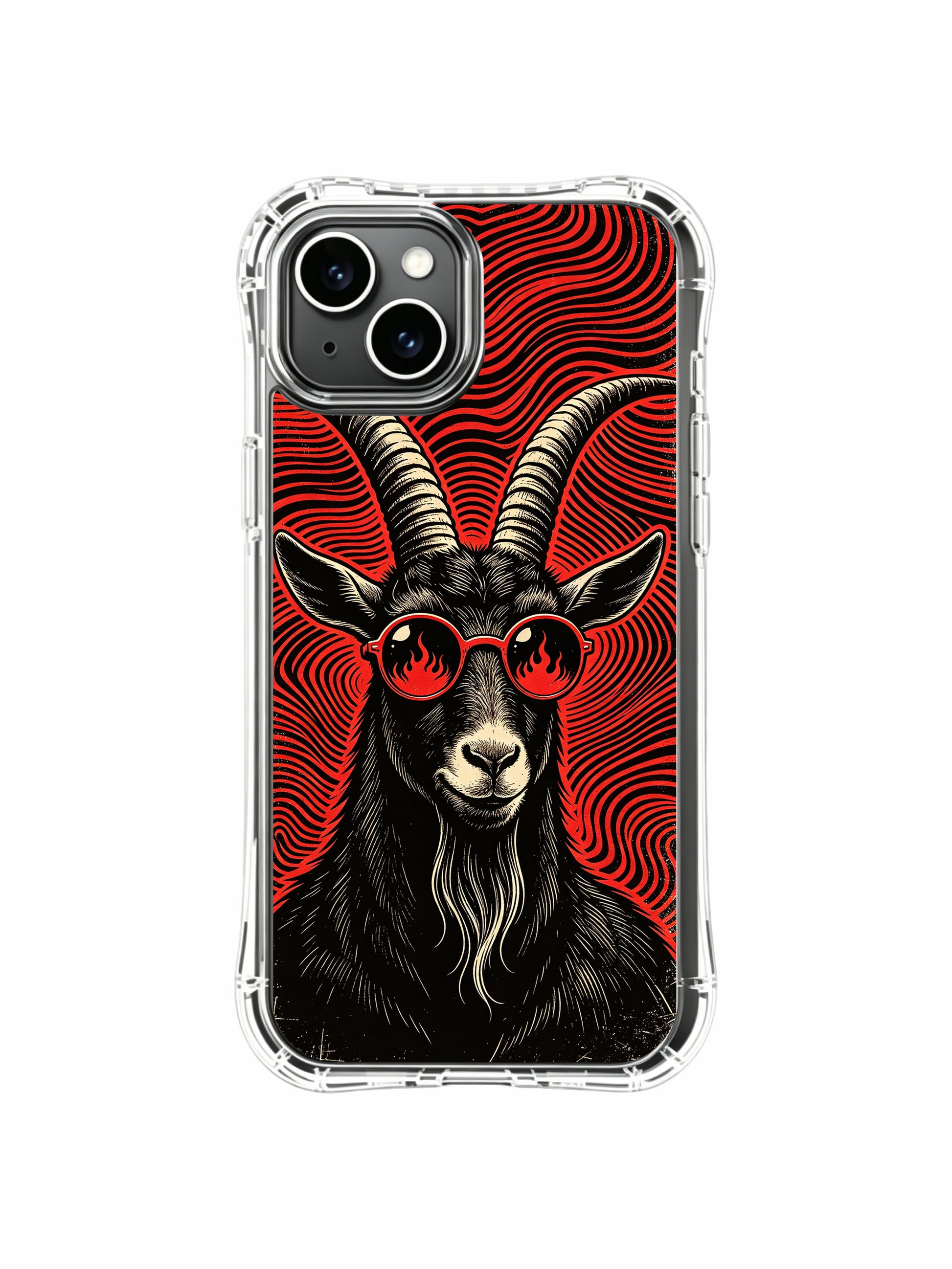 Hand-carved woodcut fine art of underground tour poster Black Goat on PhoneCasing iPhone 13 Case, curated luxury wearable accessory originating from our California-based artist cooperation atelier.