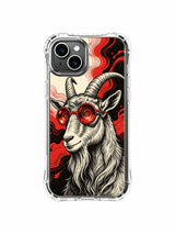 Hand-carved woodcut fine art of Red Frequency philosopher goat on PhoneCasing iPhone 13 Case, curated luxury wearable accessory originating from our California-based artist cooperation atelier.