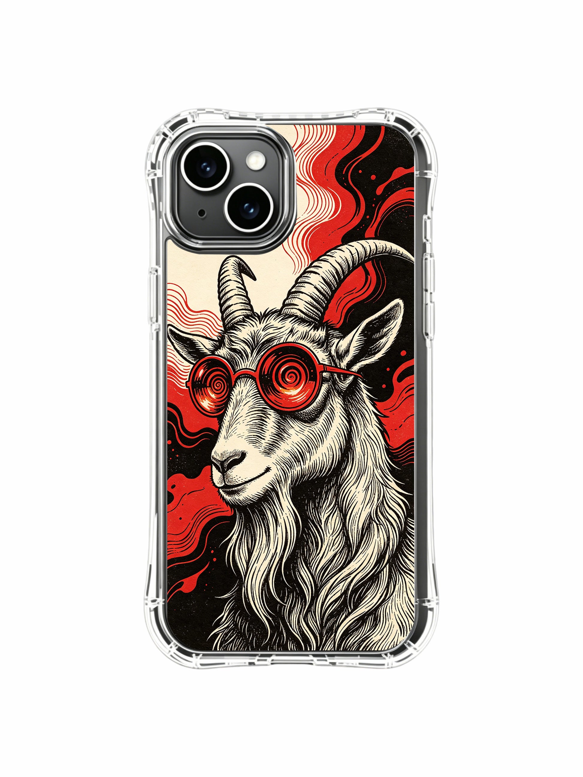 Hand-carved woodcut fine art of Red Frequency philosopher goat on PhoneCasing iPhone 13 Case, curated luxury wearable accessory originating from our California-based artist cooperation atelier.