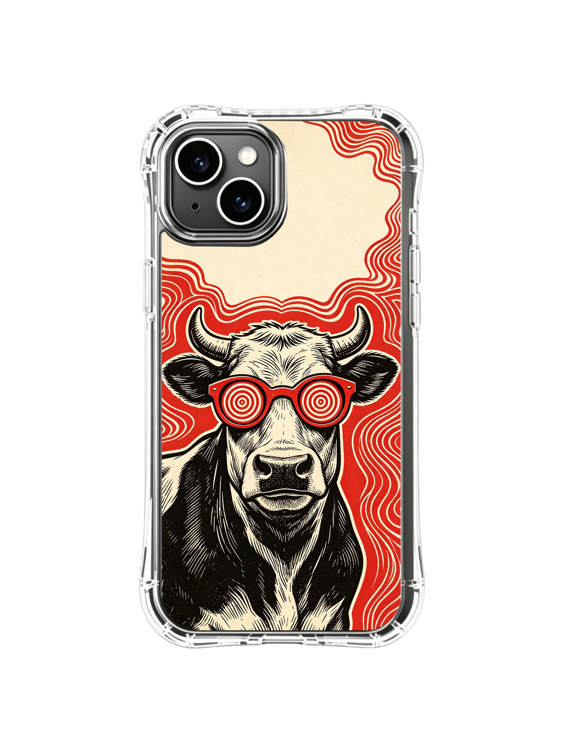 Hand-carved woodcut fine art of Hypnotic Record-Party Cow on PhoneCasing iPhone 13 Case, curated luxury wearable accessory originating from our California-based artist cooperation atelier.