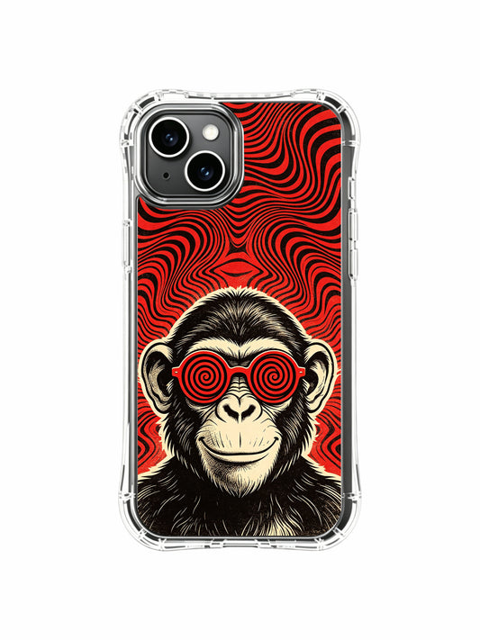 Hand-carved woodcut fine art of vintage red spiral glass mischief chimp on PhoneCasing iPhone 13 Case, premium wearable art casing finished at California artisan print studio