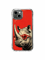 Woodcut-style rhinoceros with red glasses on an iPhone 13 case