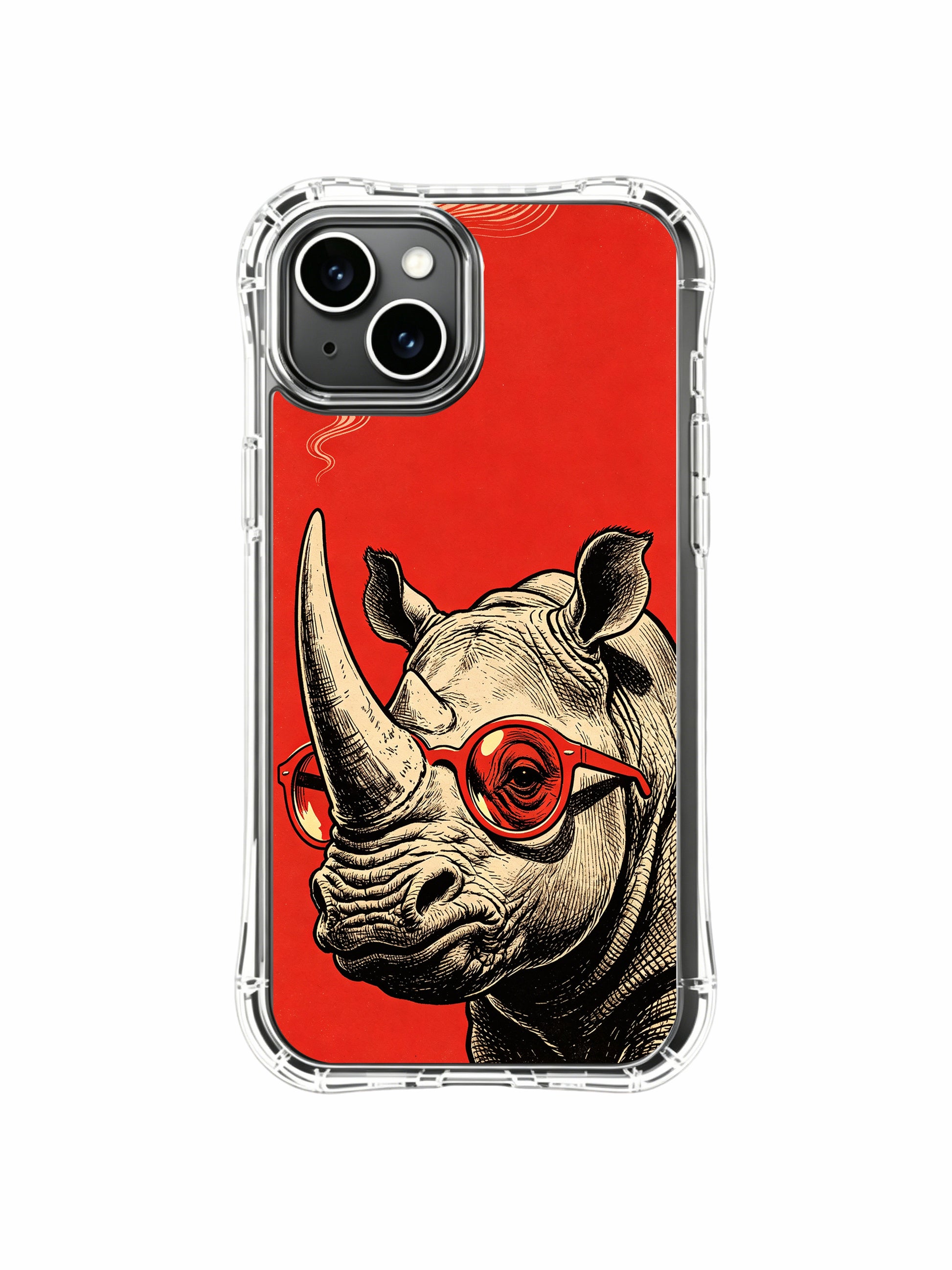 Hand-carved woodcut fine art of vintage red glass rhino on PhoneCasing iPhone 13 Case, premium wearable art casing finished at California artisan print studio.