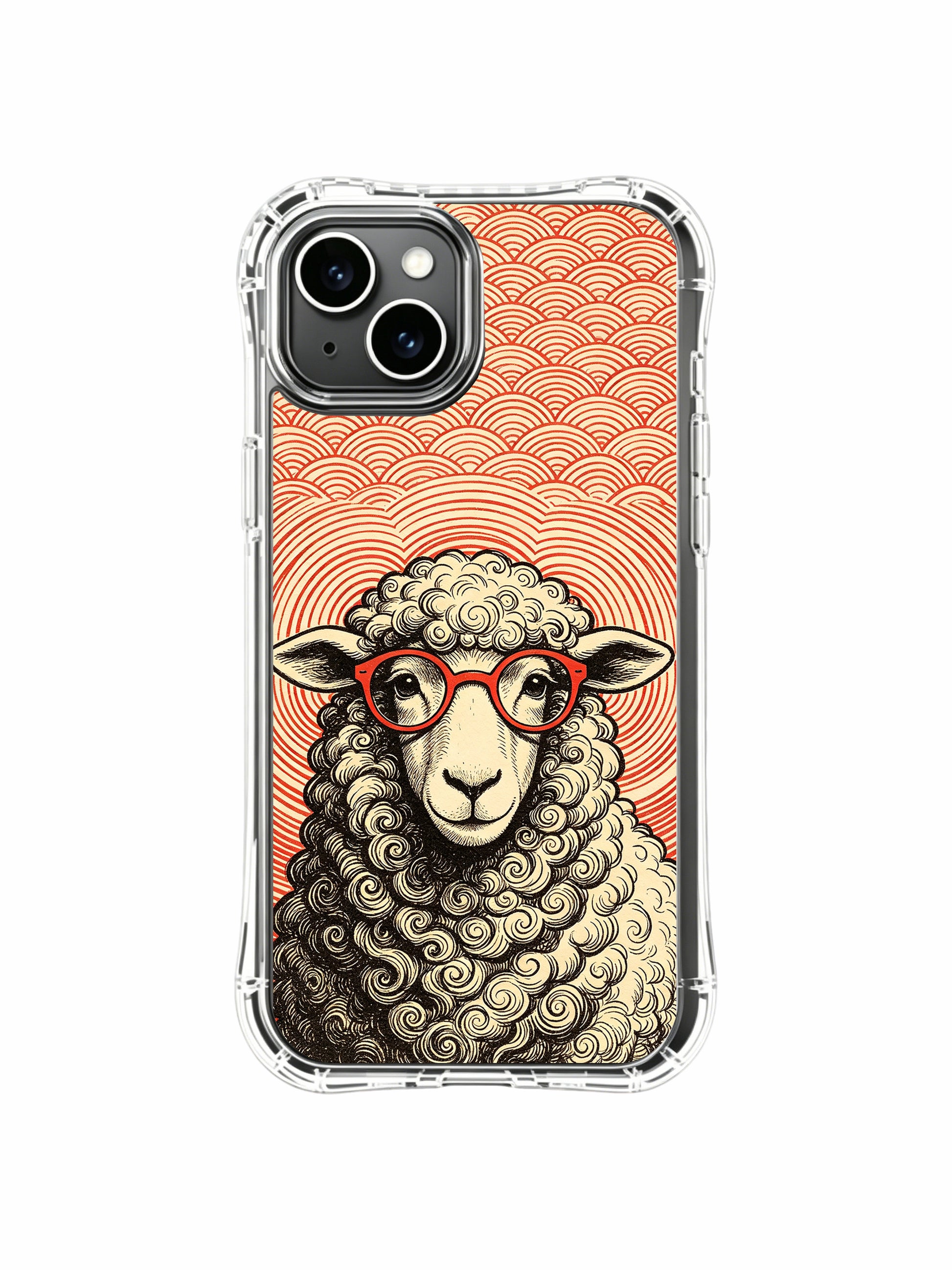 Hand-carved woodcut fine art of vintage red glass poet sheep on PhoneCasing iPhone 13 Case, premium wearable art casing finished at California artisan print studio.