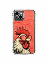 Woodcut-style rock rooster artwork on an iPhone 13 case