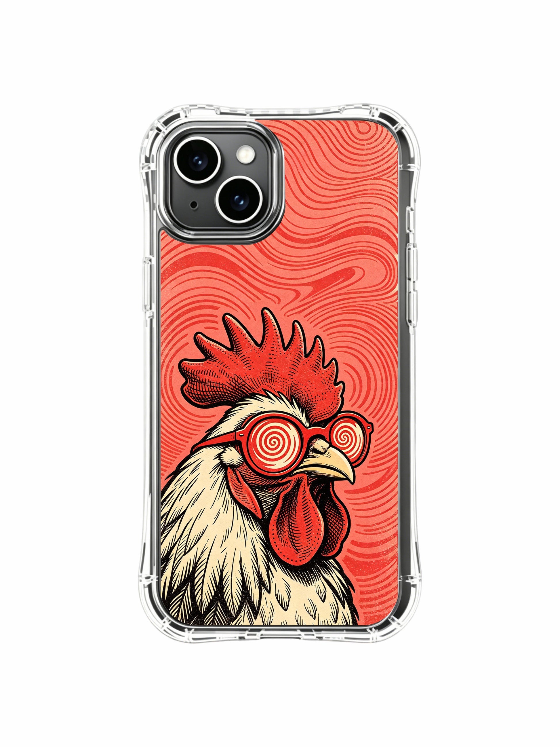Hand-carved woodcut fine art of red morning DJ rooster on PhoneCasing iPhone 13 Case, premium wearable art casing finished at California artisan workshop.