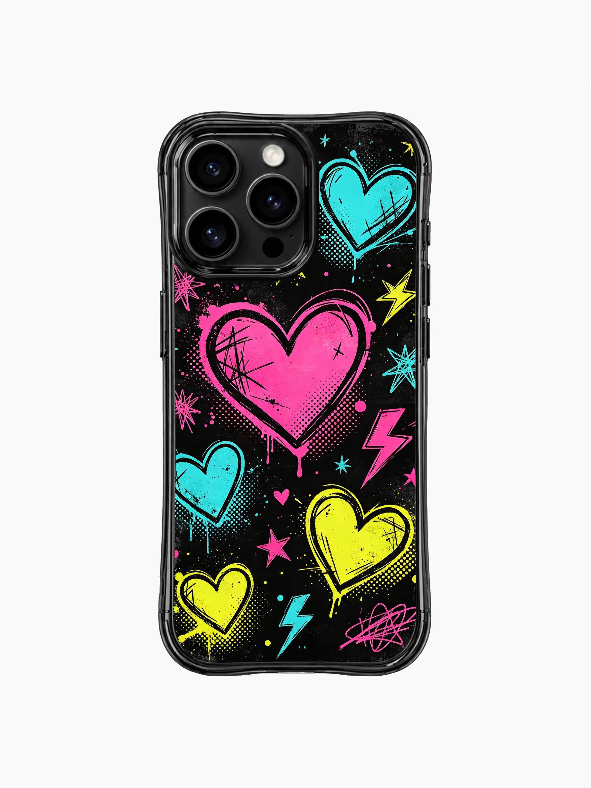 PhoneCasing iPhone 13 Pro Max casing raw hand spray sketch punk sweetheart hearts, paired with neon star lightning details daily phone case.