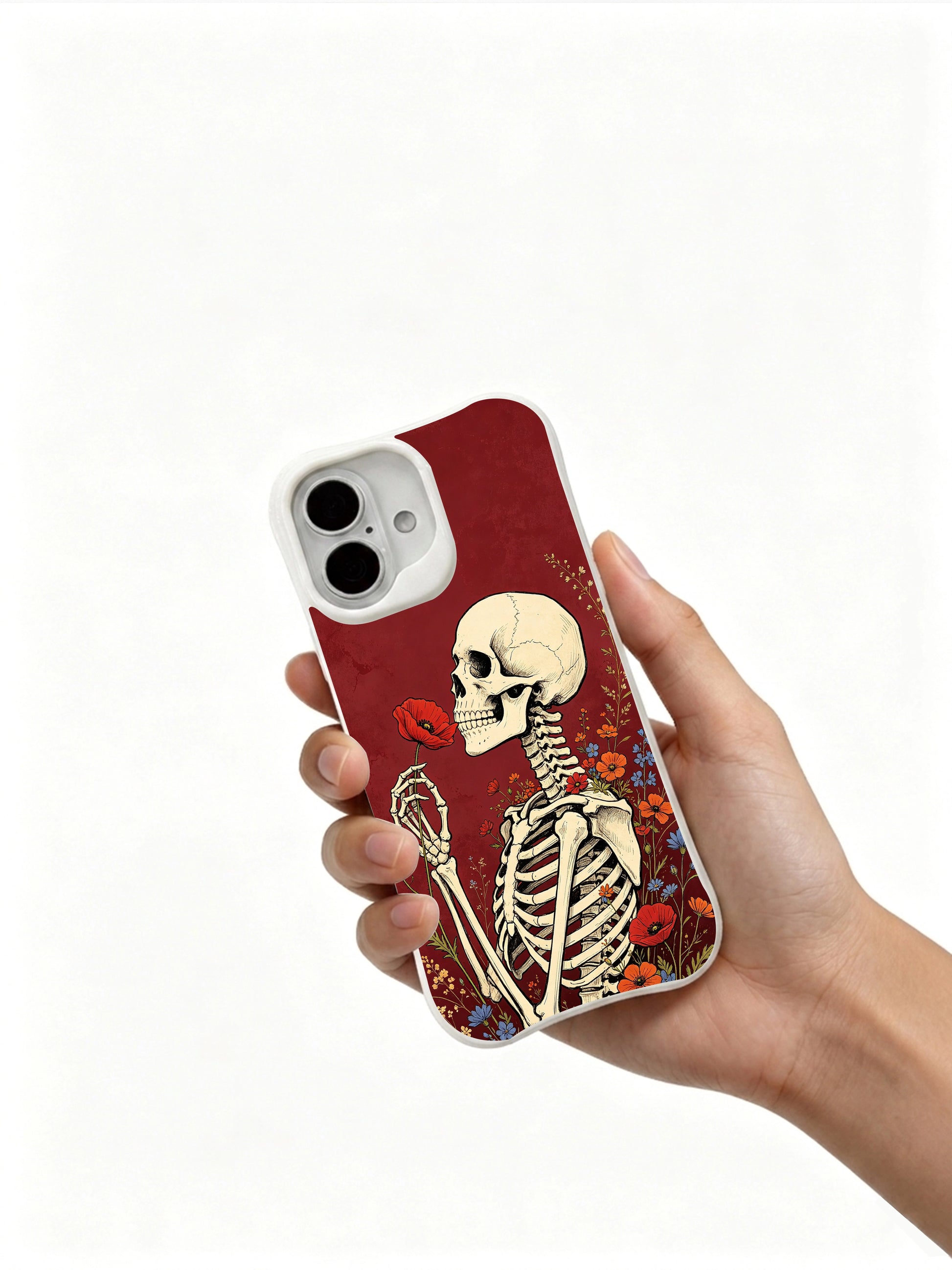 PhoneCasing hand ink sketched skeleton & red poppy gothic art iPhone 16 Case, scratch-resistant high-gloss antimicrobial finish long-lasting iPhone 16 shell