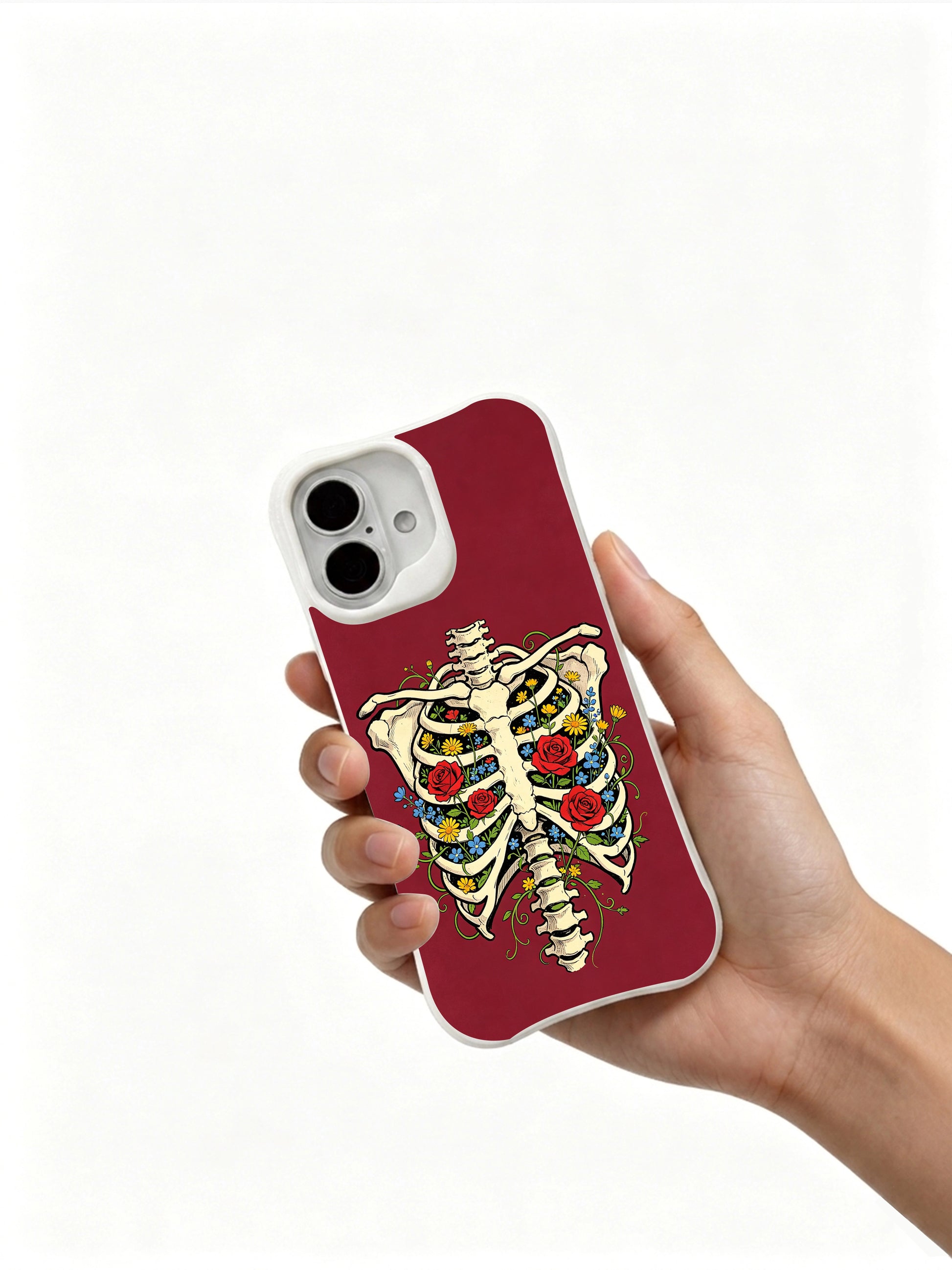 PhoneCasing hand ink sketched rib & mixed flower gothic art iPhone 16 Case, scratch-resistant high-gloss antimicrobial finish long-lasting iPhone 16 shell