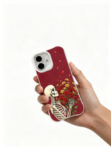 Ink-style skeleton and rose sketch on an iPhone 16 case