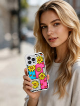PhoneCasing iPhone 16 pro Case with authentic messy hand-painted block brush grain and mixed halftone dot grid texture, exclusive Ruby Daze Lemon Pop Daisy Grid floral artwork, scratch-proof wavy phone protection.