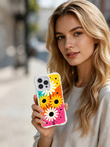 PhoneCasing iPhone 16 pro Case with authentic uneven hand-painted brushstroke color block grain, exclusive Ruby Daze Candy Riot Daisies floral artwork, scratch-proof wavy phone protection.