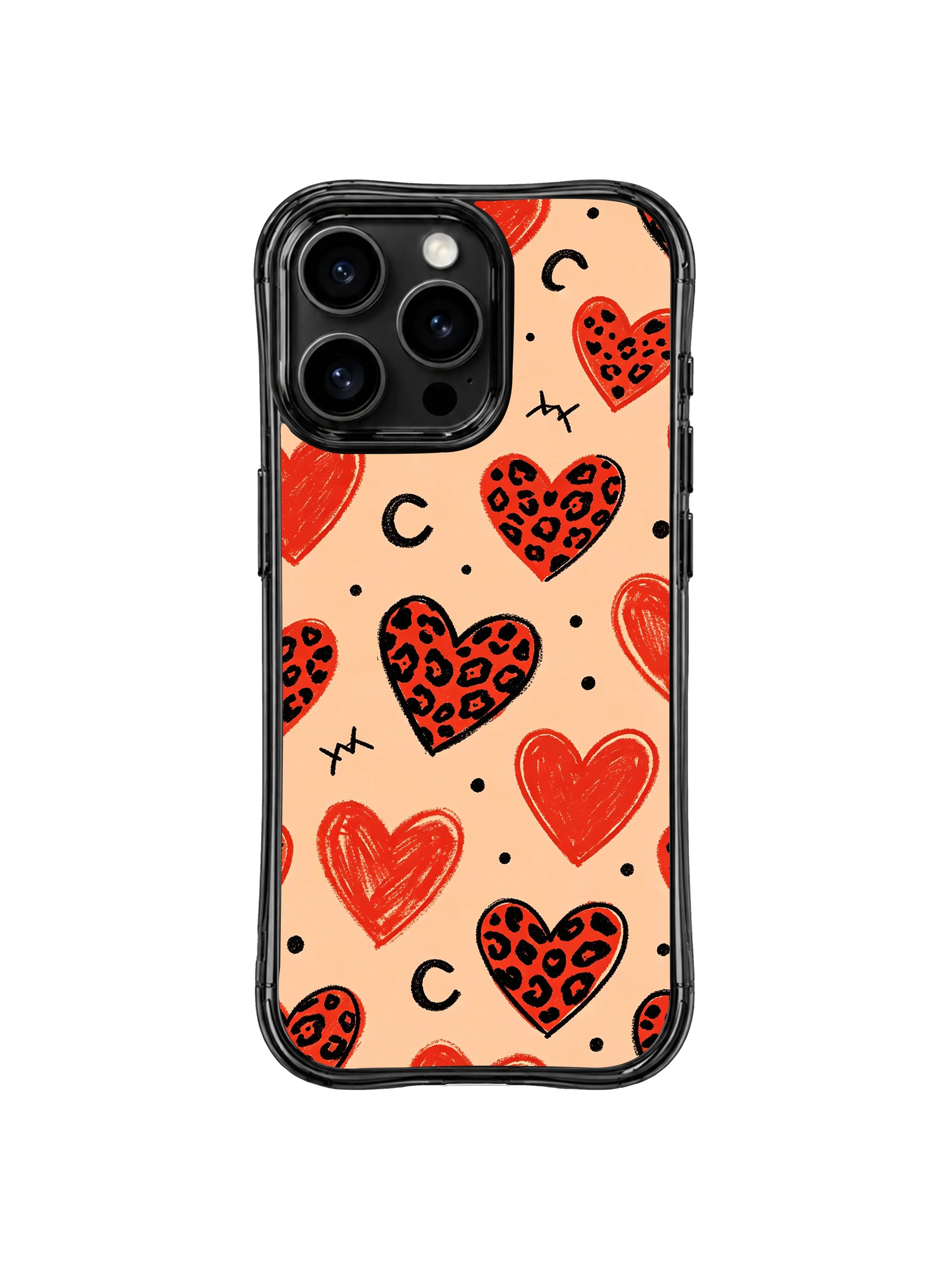 Close mockup of hand painted brushstroke heart leopard iPhone 14 Pro Case by PhoneCasing, organic imperfect sketch lines capturing raw genuine emotion on warm peach casing