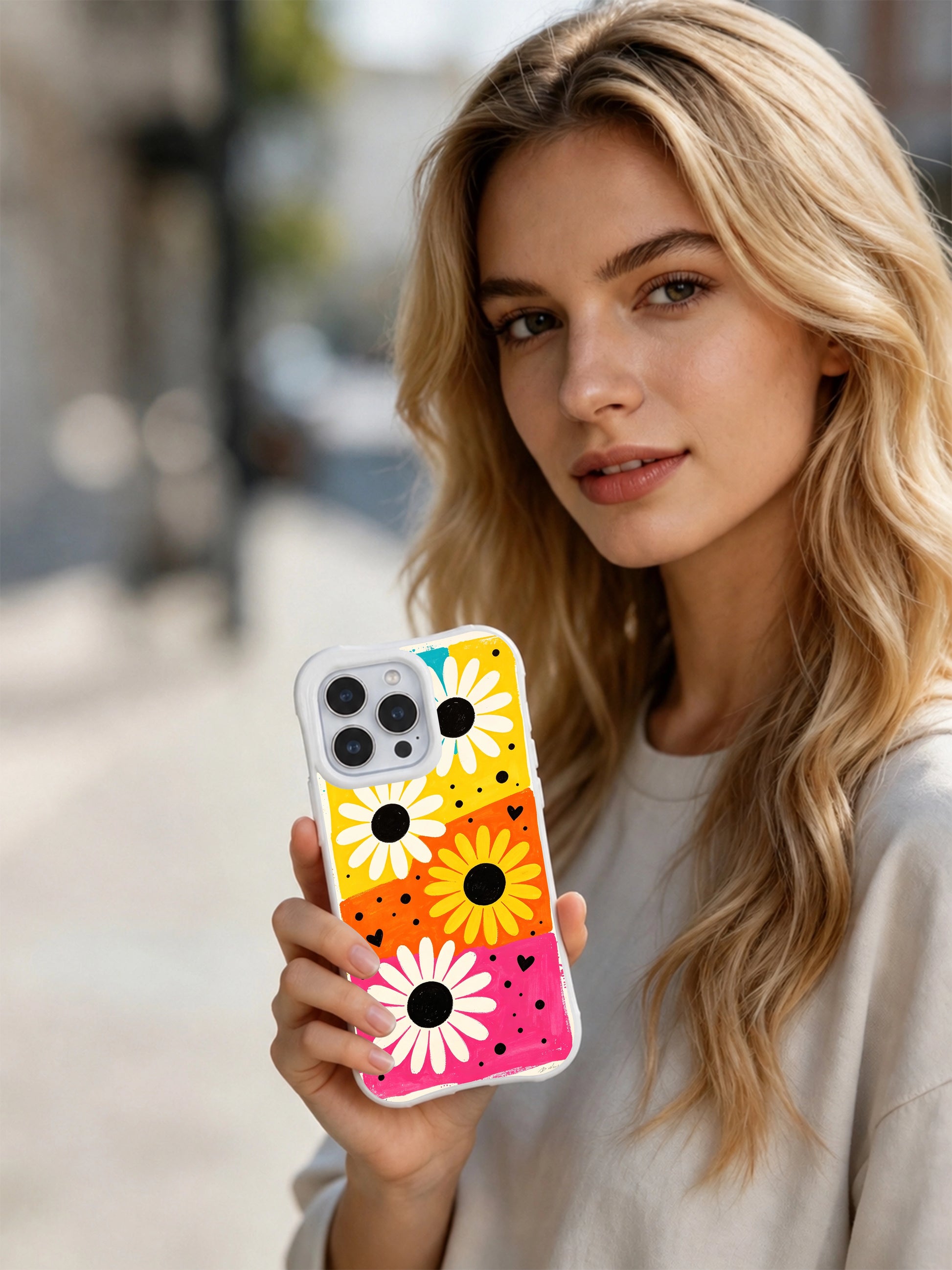 PhoneCasing iPhone 16 pro Case with authentic uneven hand-painted brushstroke color block grain, exclusive Ruby Daze Candy Riot Daisies floral artwork, scratch-proof wavy phone protection.