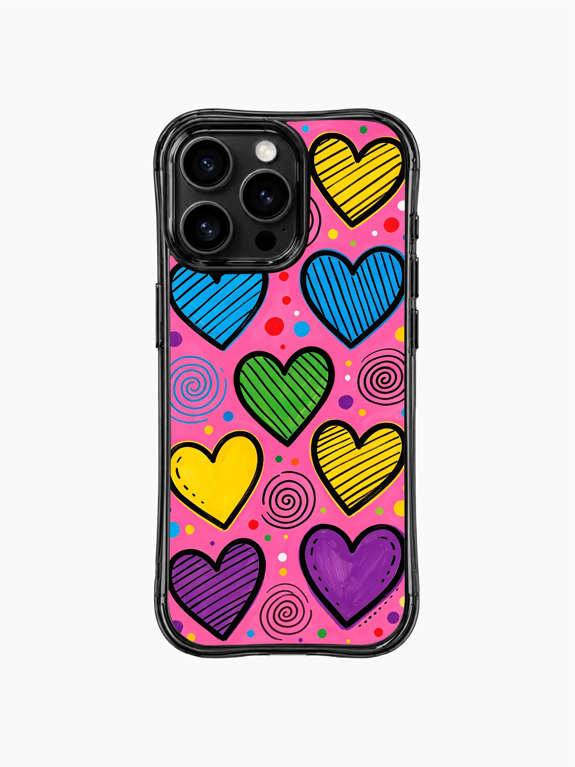 PhoneCasing iPhone 13 Pro Max case rough hand sketch striped heart pattern, saturated hot pink backdrop happy affectionate phone cover casing.