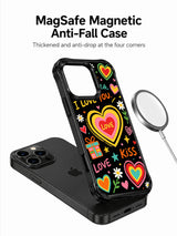 PhoneCasing iPhone 13 Pro Max case with casual hand drawn love letter doodles, layered multicolor hearts, tiny white daisy flowers and star accents, bright cute pop art phone casing.