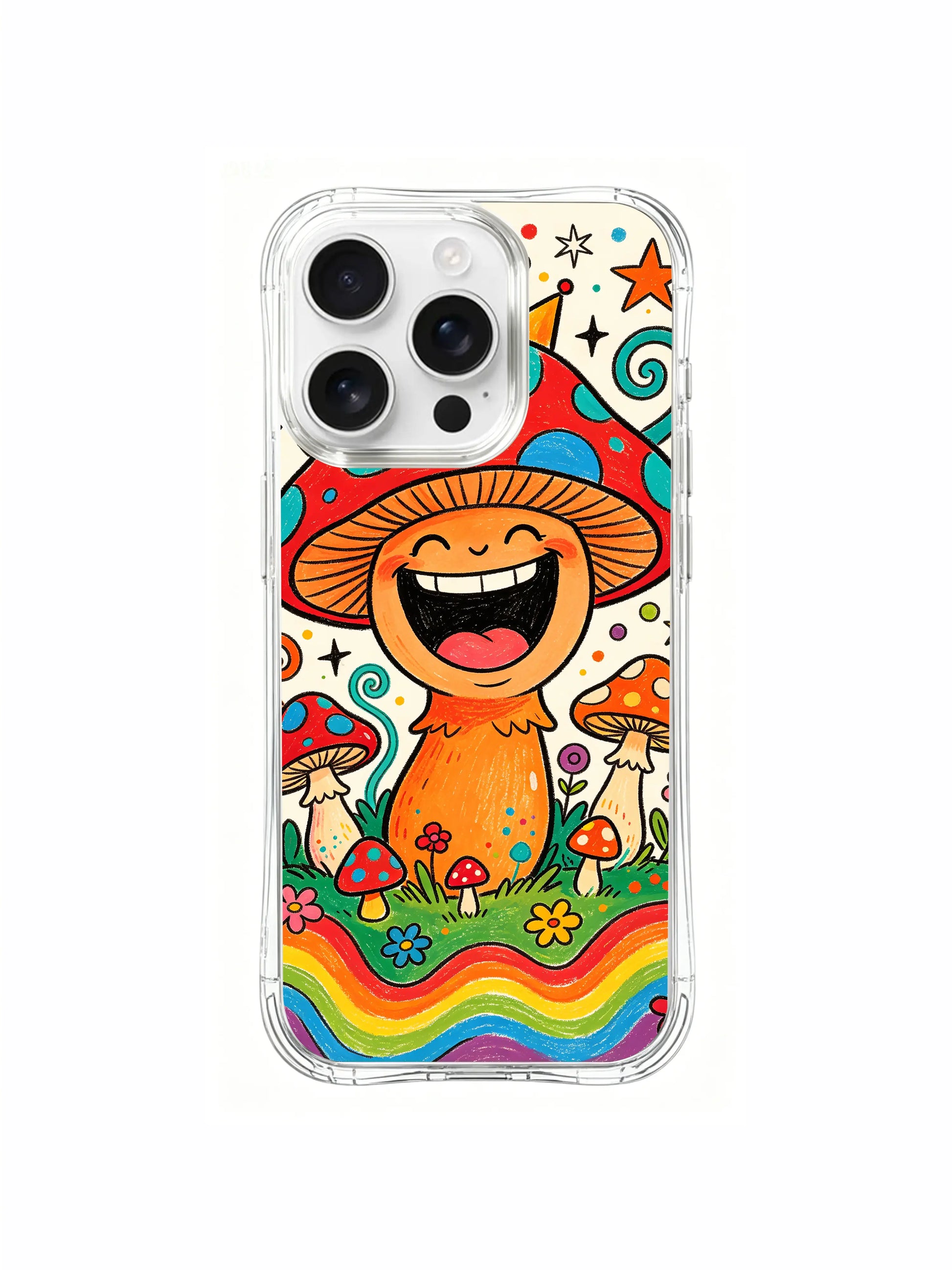 PhoneCasing iPhone 16 pro max Case, raw hand-sketched crayon folk bespoke casing with joyful crowned mushroom king, exclusive Luna Moss global artist collab collectible art casing manufactured in USA California