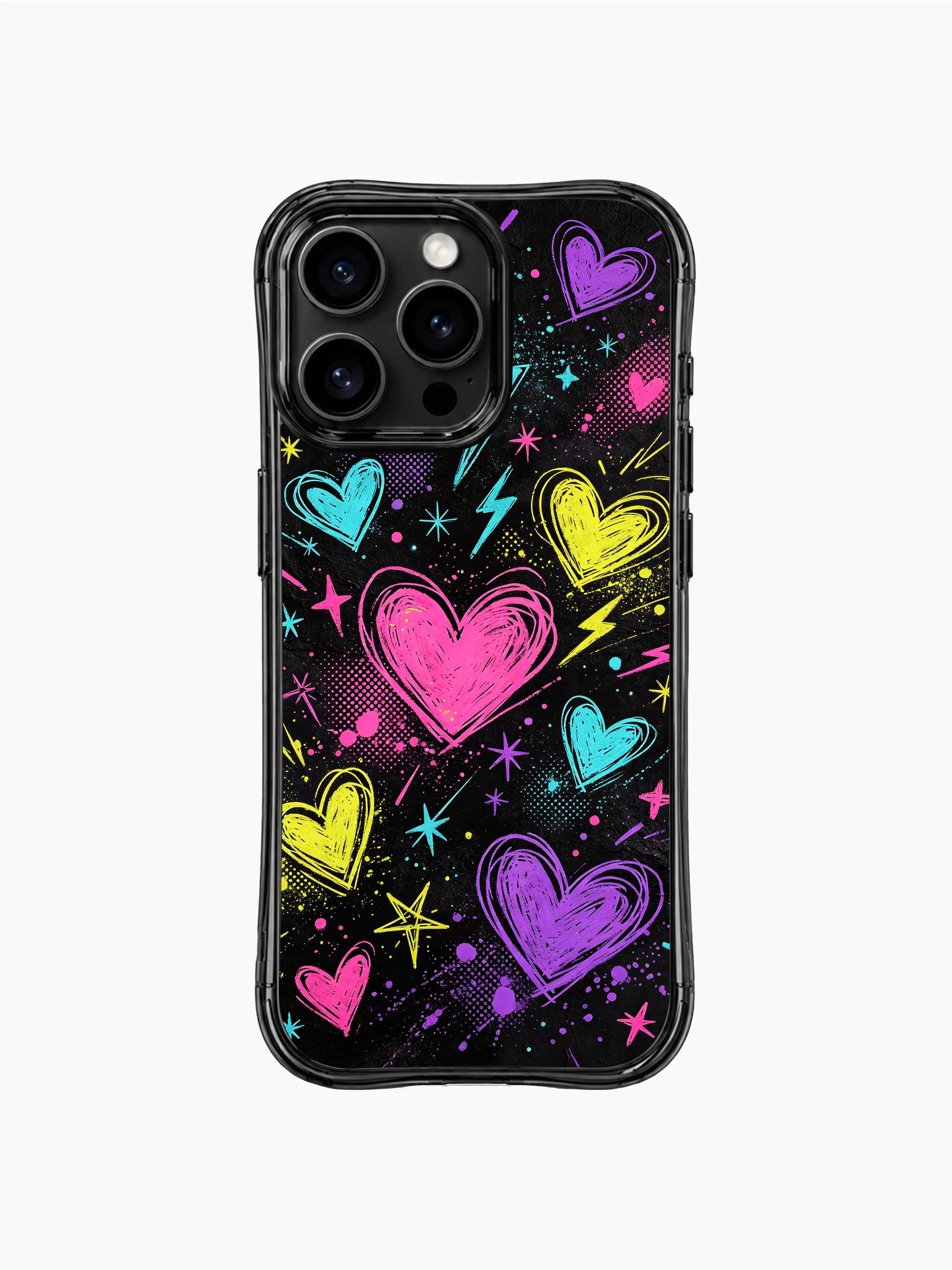 PhoneCasing iPhone 13 Pro Max casing raw uneven freehand scribble outline hearts, scattered star sparkles and neon lightning doodles over textured black space base, casual daily use dreamy pop phone case.