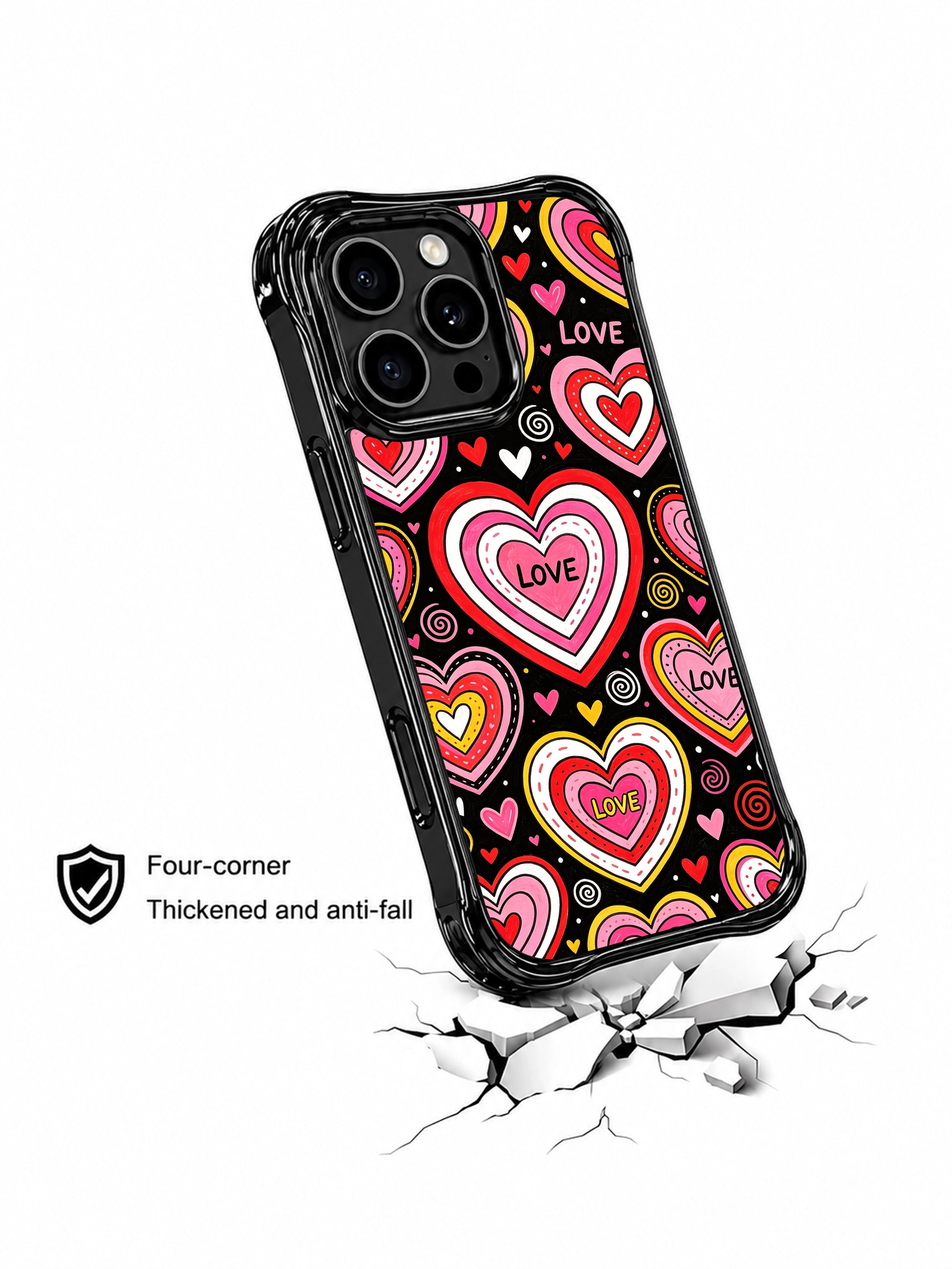 PhoneCasing iPhone 13 Pro Max casing raw uneven hand sketched nested concentric candy hearts, loose handwritten LOVE words and scattered tiny heart confetti over matte black base, casual daily use sweet pop phone case.
