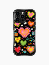 PhoneCasing iPhone 13 Pro Max casing raw hand drawn ribbon gift boxes paired with layered pastel hearts and scattered love handwriting, casual daily wear phone case.