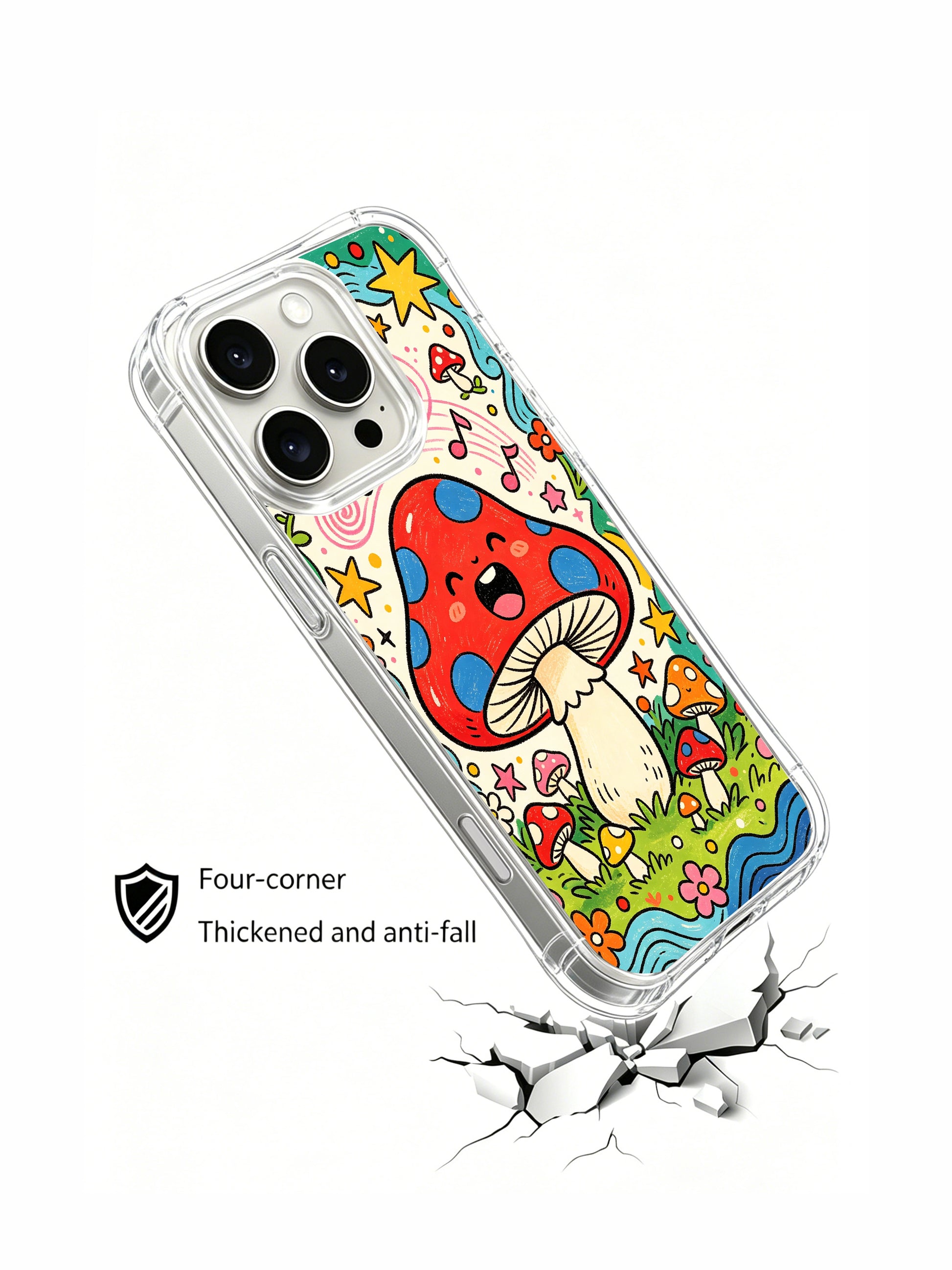 PhoneCasing iPhone 16 pro max Case, thickened anti-drop bespoke casing showcasing hand-waving singing red mushroom amid wild daisy blooms, collectible luxury illustrated casing for art-loving female users