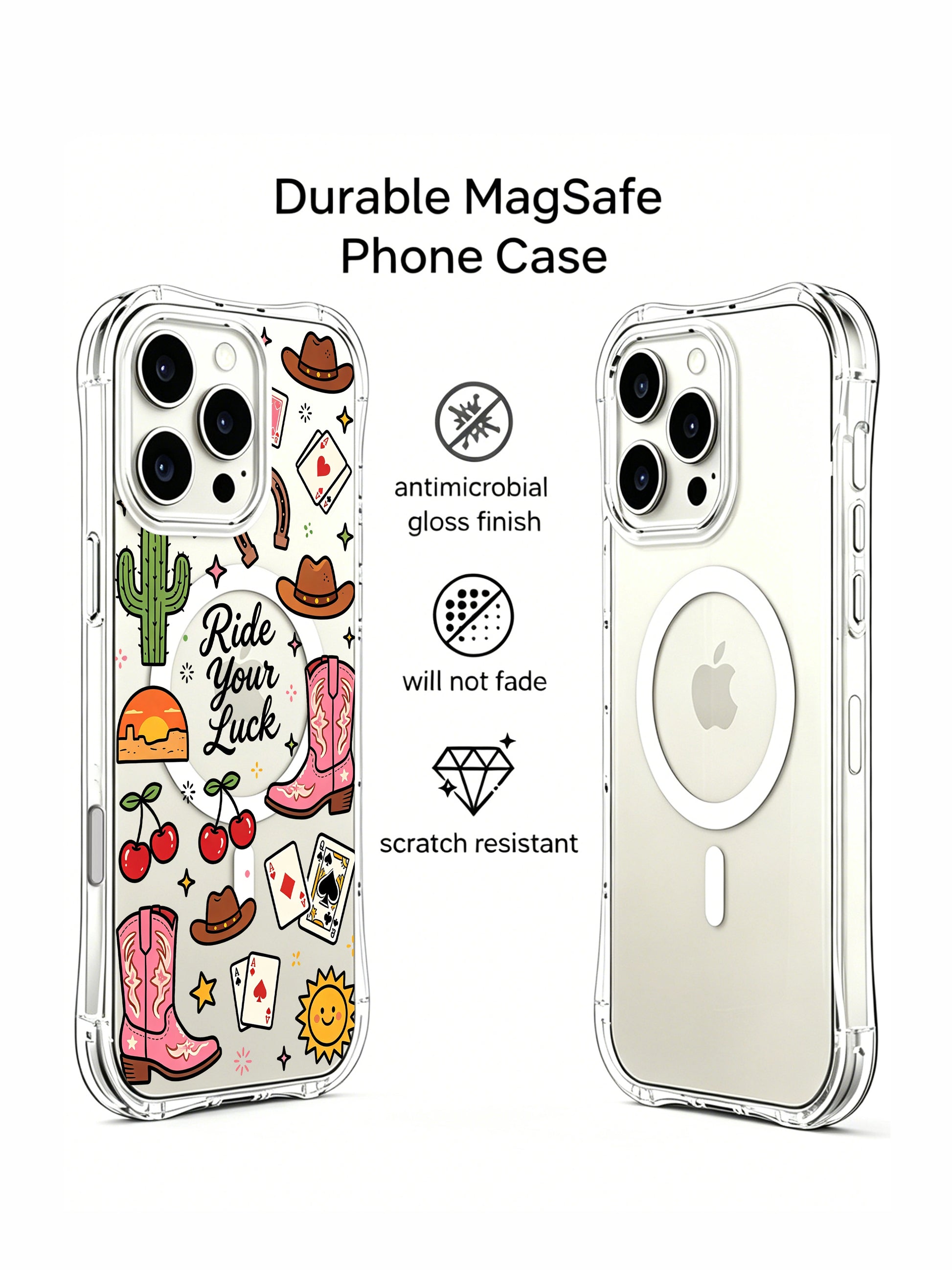 PhoneCasing iPhone 16 pro max clear case featuring "Ride Your Luck" hand-lettered text and western doodles.