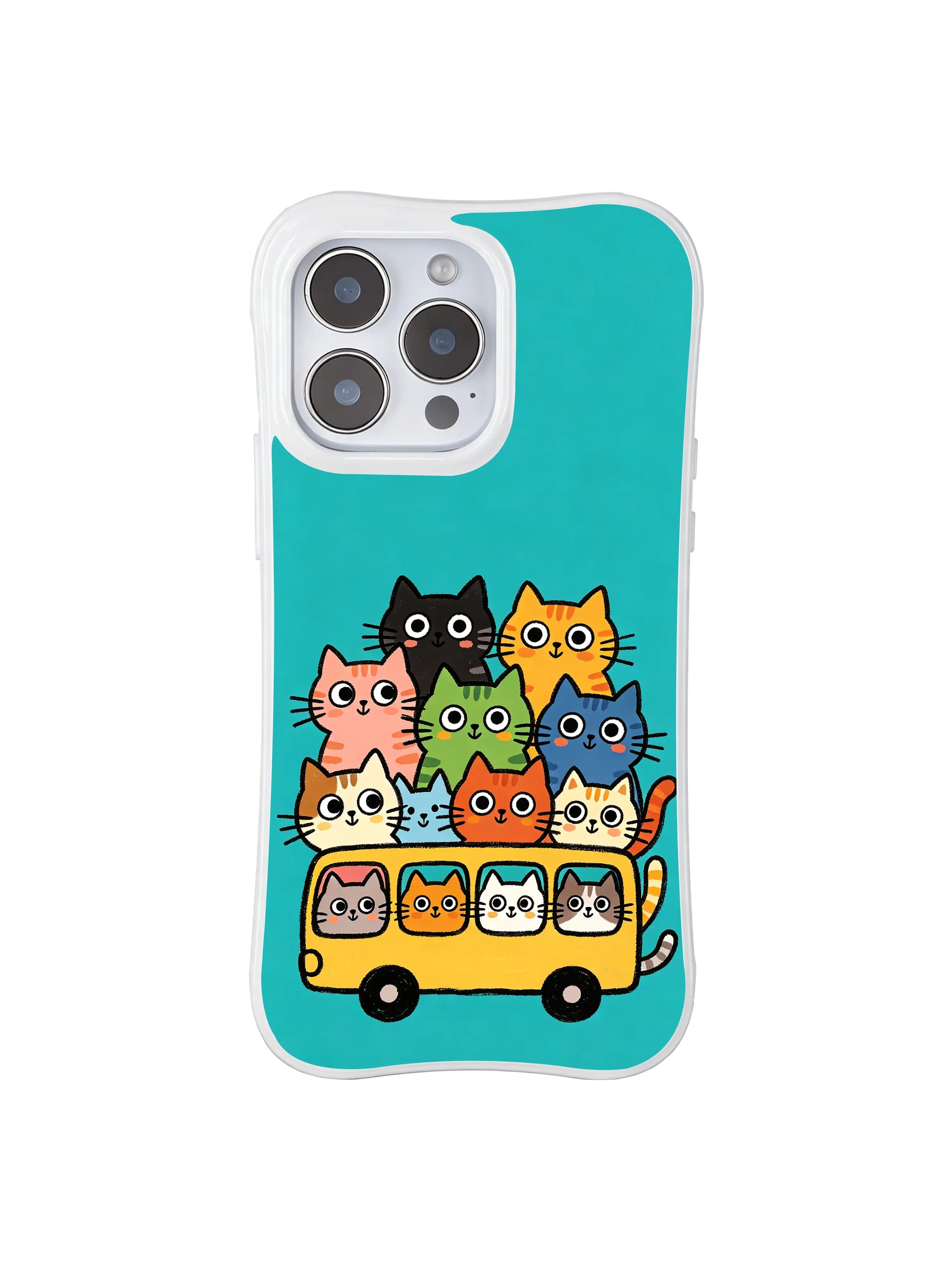 PhoneCasing iPhone 16 pro max clear case with an art print of cheerful cats on a bus, capturing a cozy sense of adventure.