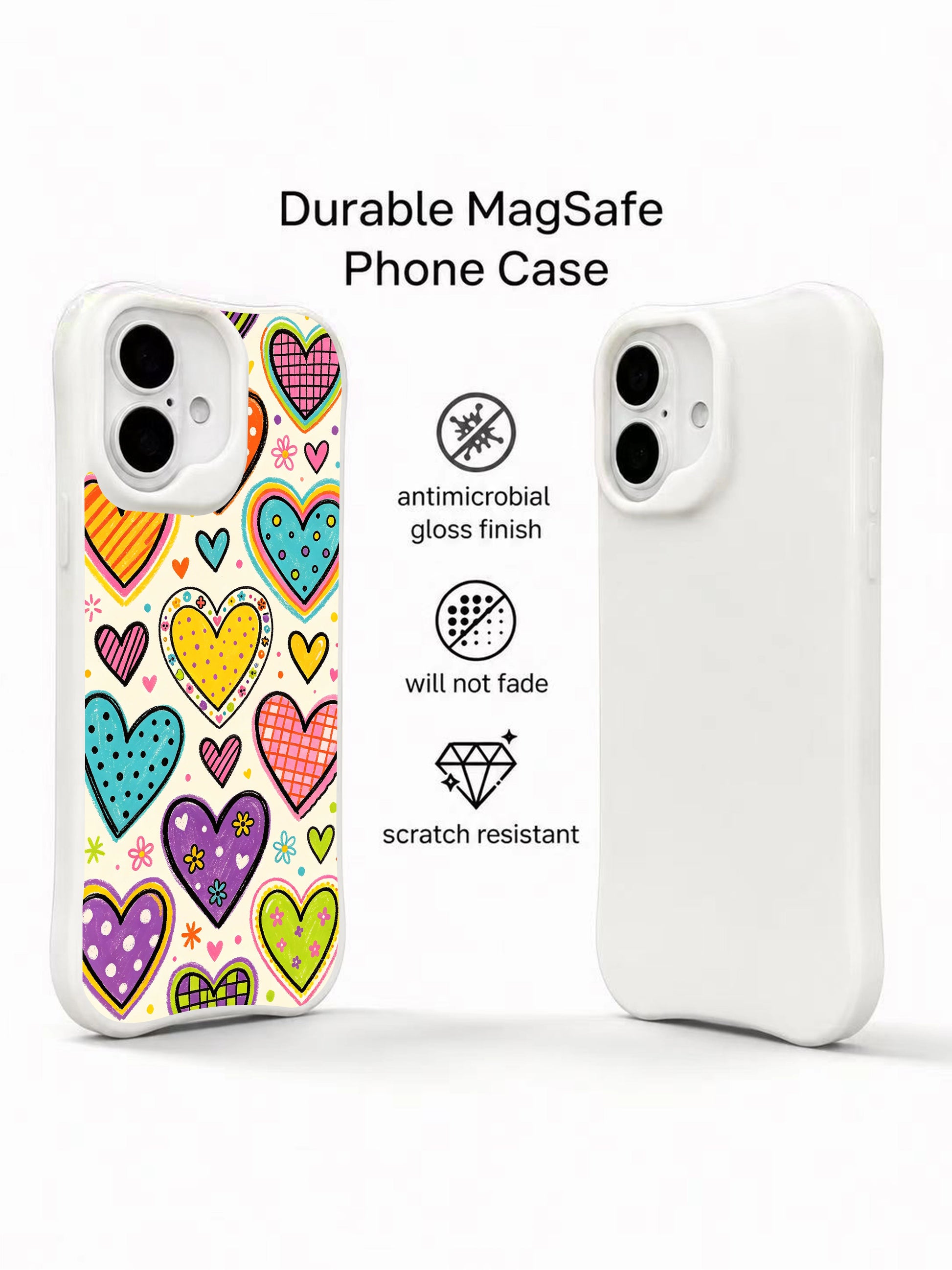 PhoneCasing happy heart gathering iPhone 16 plus case, trendy hand-drawn art, durable iphone 16 plus casing built for daily use in California.