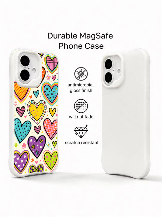 PhoneCasing happy heart gathering iPhone 16 plus case, trendy hand-drawn art, durable iphone 16 plus casing built for daily use in California.