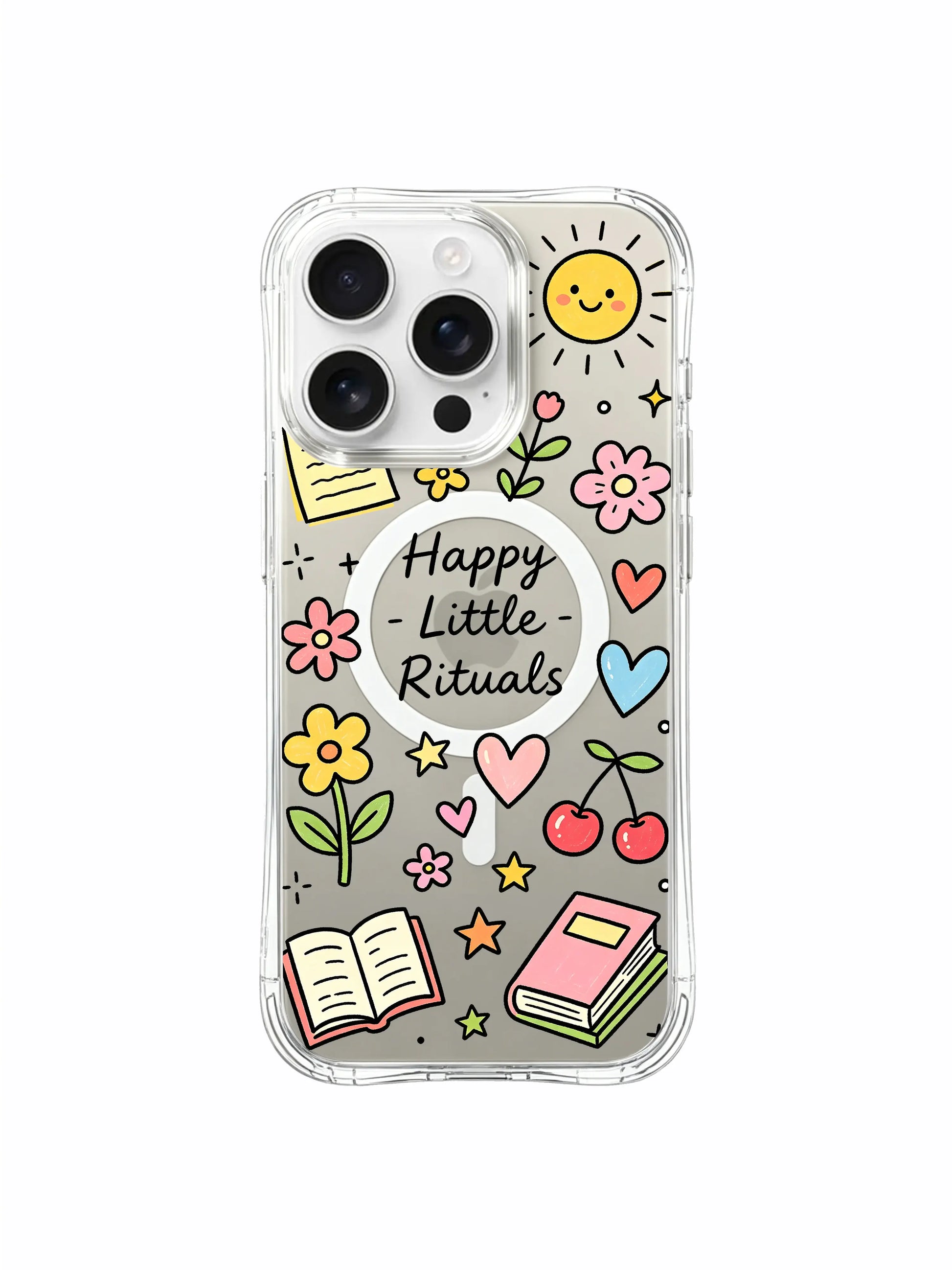 PhoneCasing iPhone 16 pro max drop-proof MagSafe case with book and note doodles from the "Happy Little Rituals" collection, perfect for book lovers.