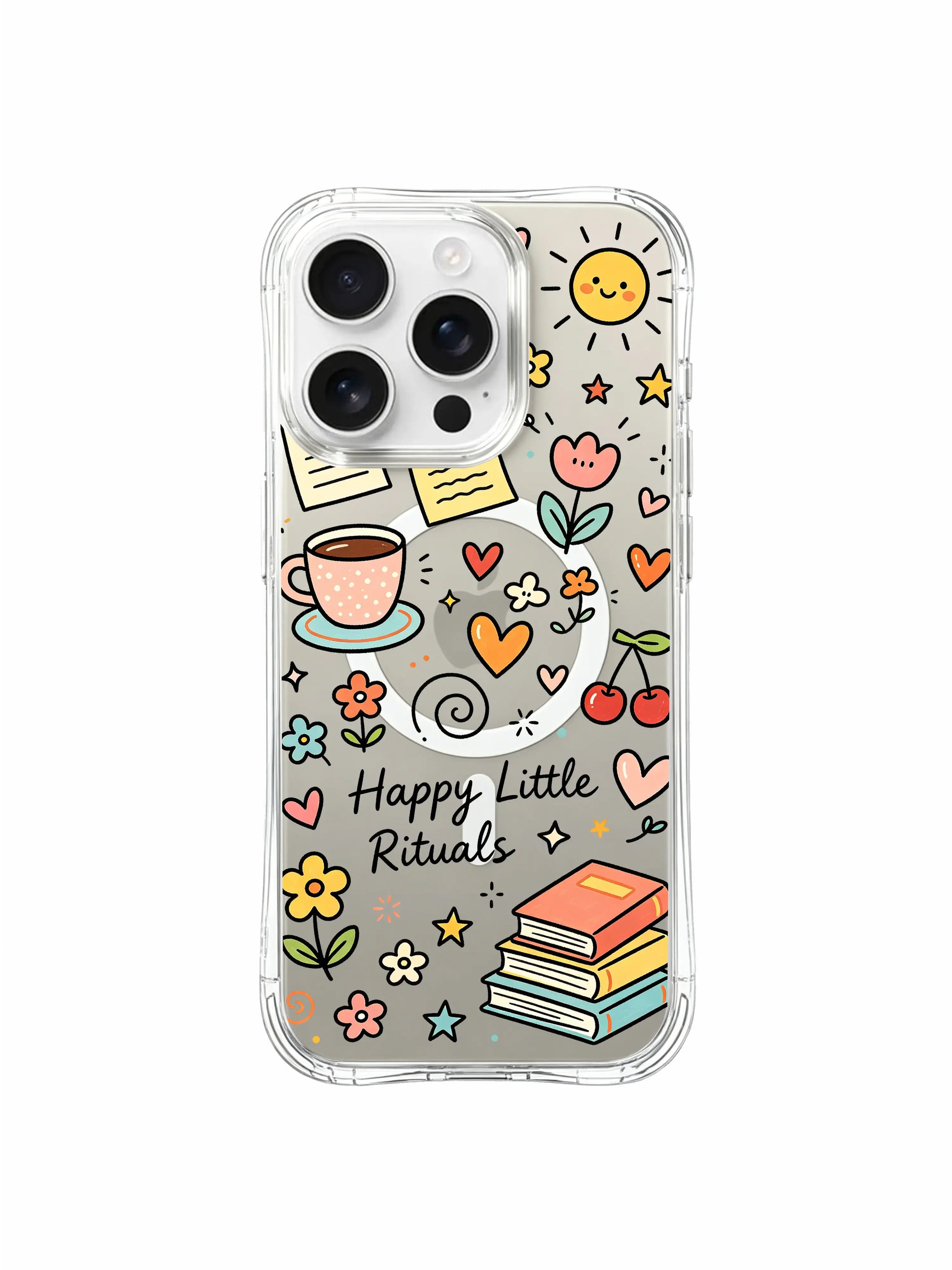 PhoneCasing iPhone 16 pro max scratch-proof case highlighting the antimicrobial gloss finish with the "Happy Little Rituals" print.