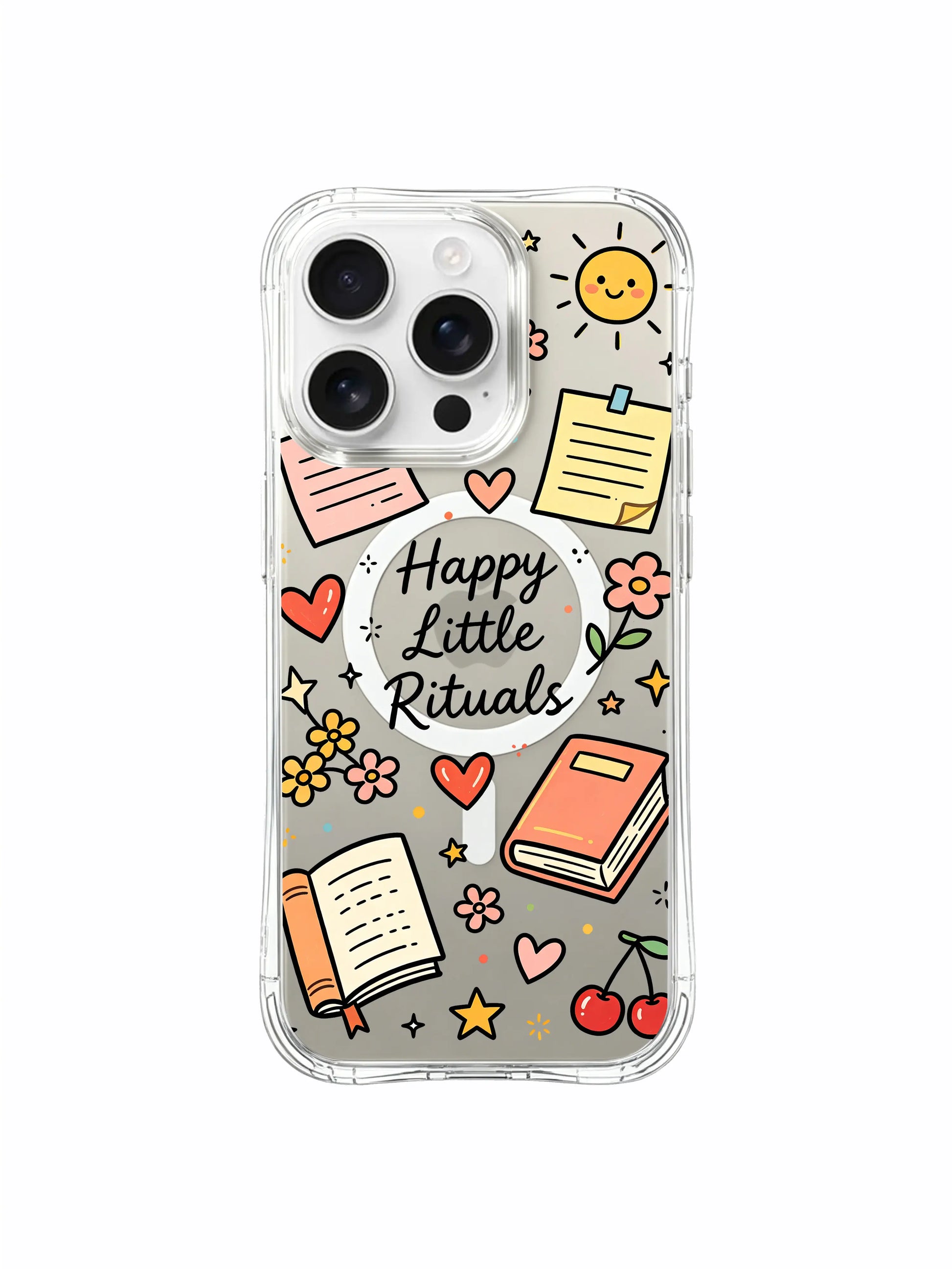 PhoneCasing iPhone 16 pro max long-lasting anti-yellowing case with vibrant "Happy Little Rituals" doodles in pink, yellow and green hues.