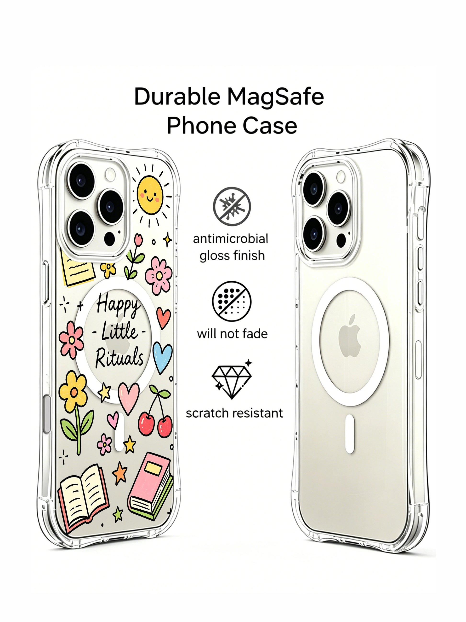 PhoneCasing iPhone 16 pro max case front and back view, highlighting the vibrant "Happy Little Rituals" design and scratch-resistant finish.