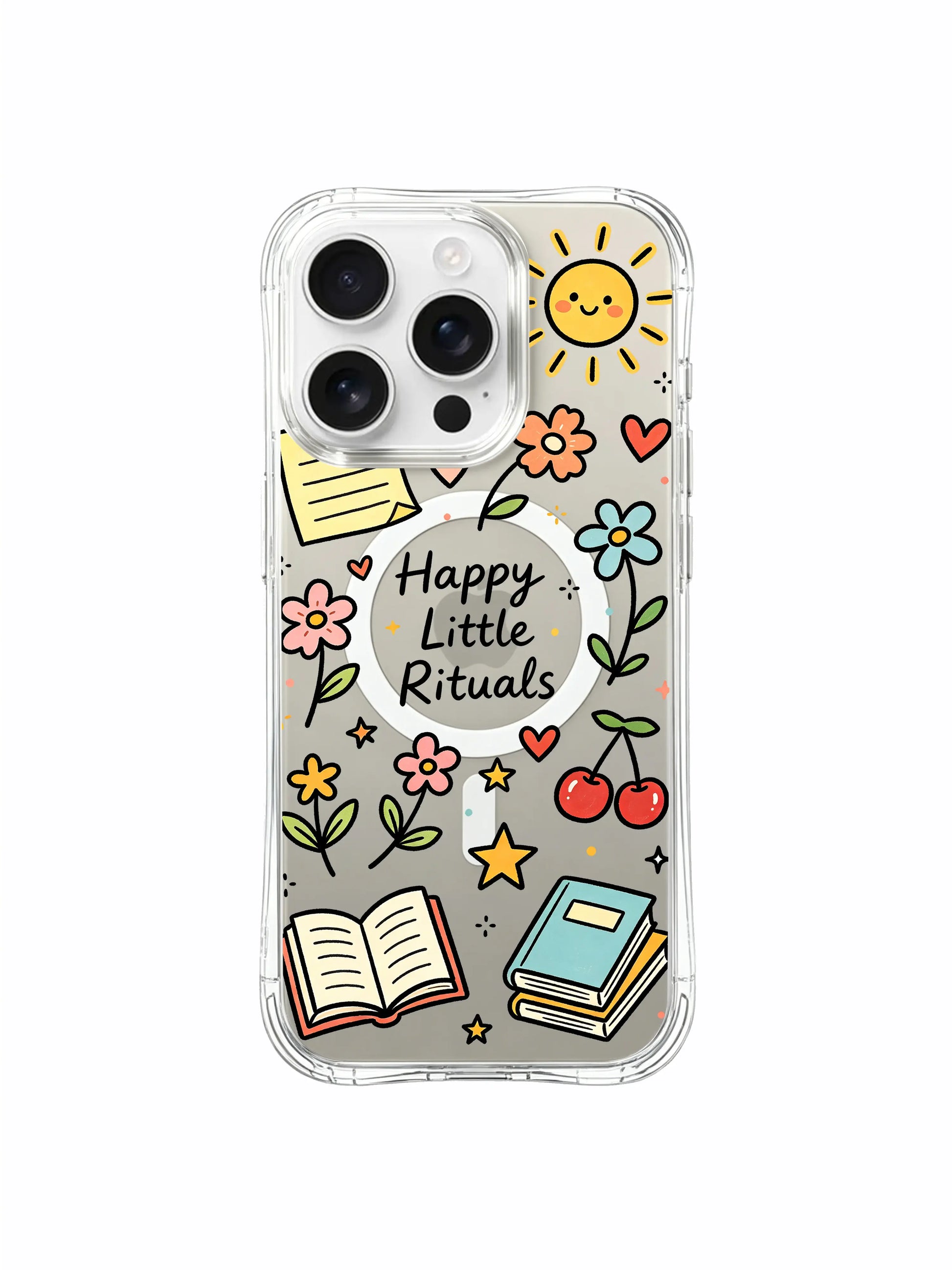 PhoneCasing iPhone 16 pro max slim ergonomic case with the full "Happy Little Rituals" collage of flowers, sun, books and stars.