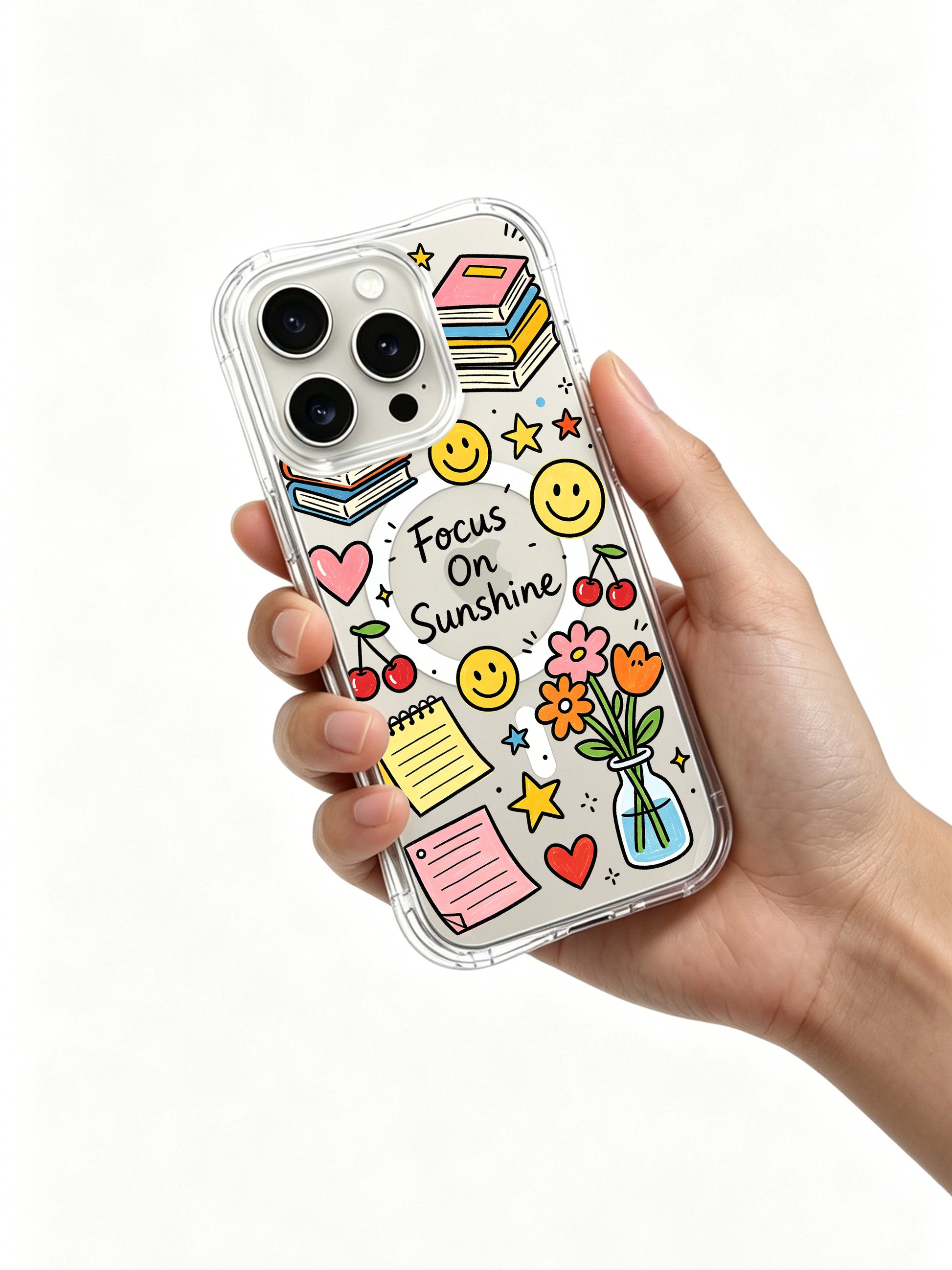 PhoneCasing iPhone 16 pro max transparent case with heart accents, book piles, flower vase and smiley face self-care themed doodles.
