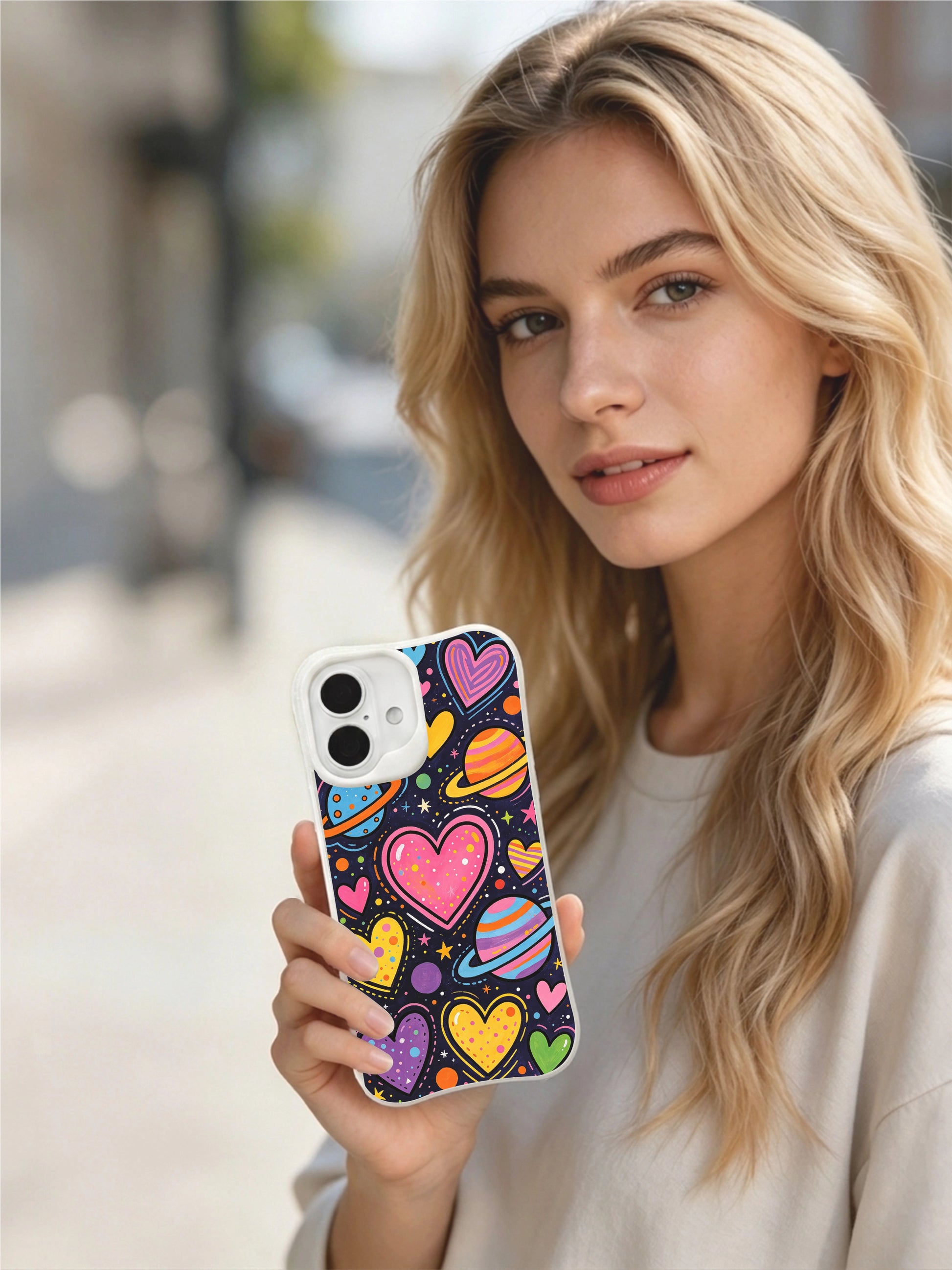  PhoneCasing Heart Galaxy Case for iPhone 16 Plus, a whimsical iPhone 16 plus casing with bright heart planets and cosmic details.