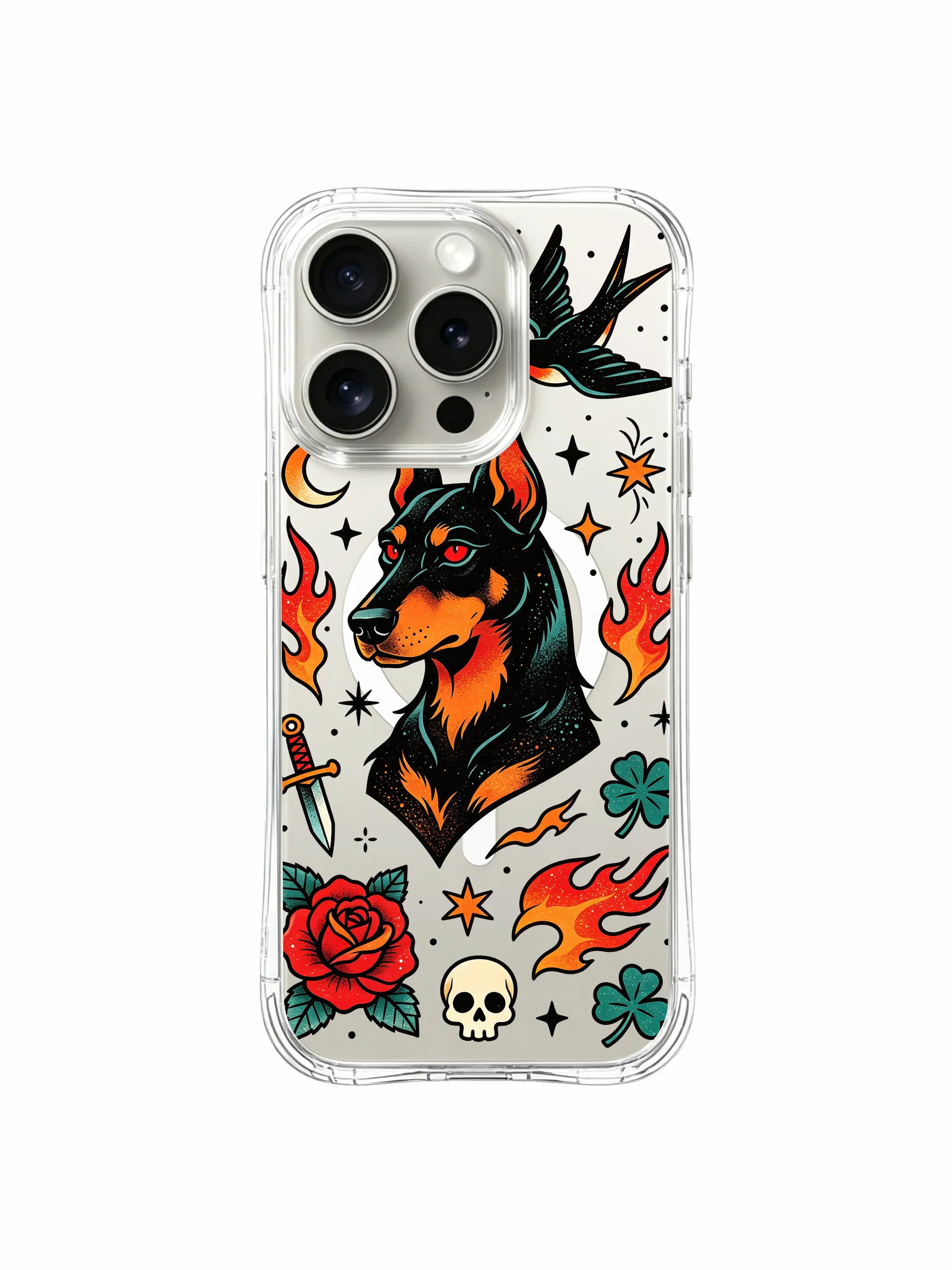 PhoneCasing iPhone 15 pro Case decorated with gem heart collar doberman and vintage red roses, collectible fine art phone casing crafted for American female art enthusiasts.