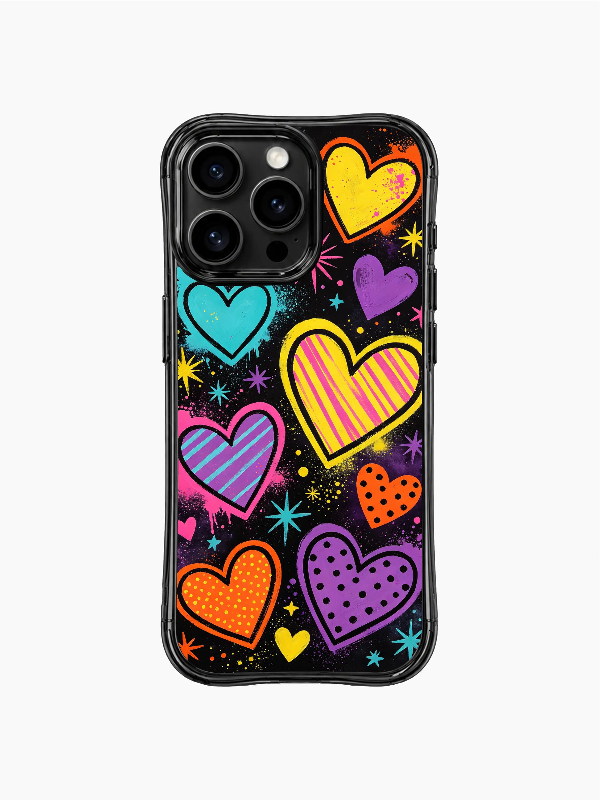 PhoneCasing Heart Pop Universe iPhone 13 Pro Max casing by Nova Heartwell, full coverage bold crayon pop art heart collage, neon rainbow hand drawn hearts & love letter print, black background vibrant pop romantic phone shell for iPhone 13 Pro Max
