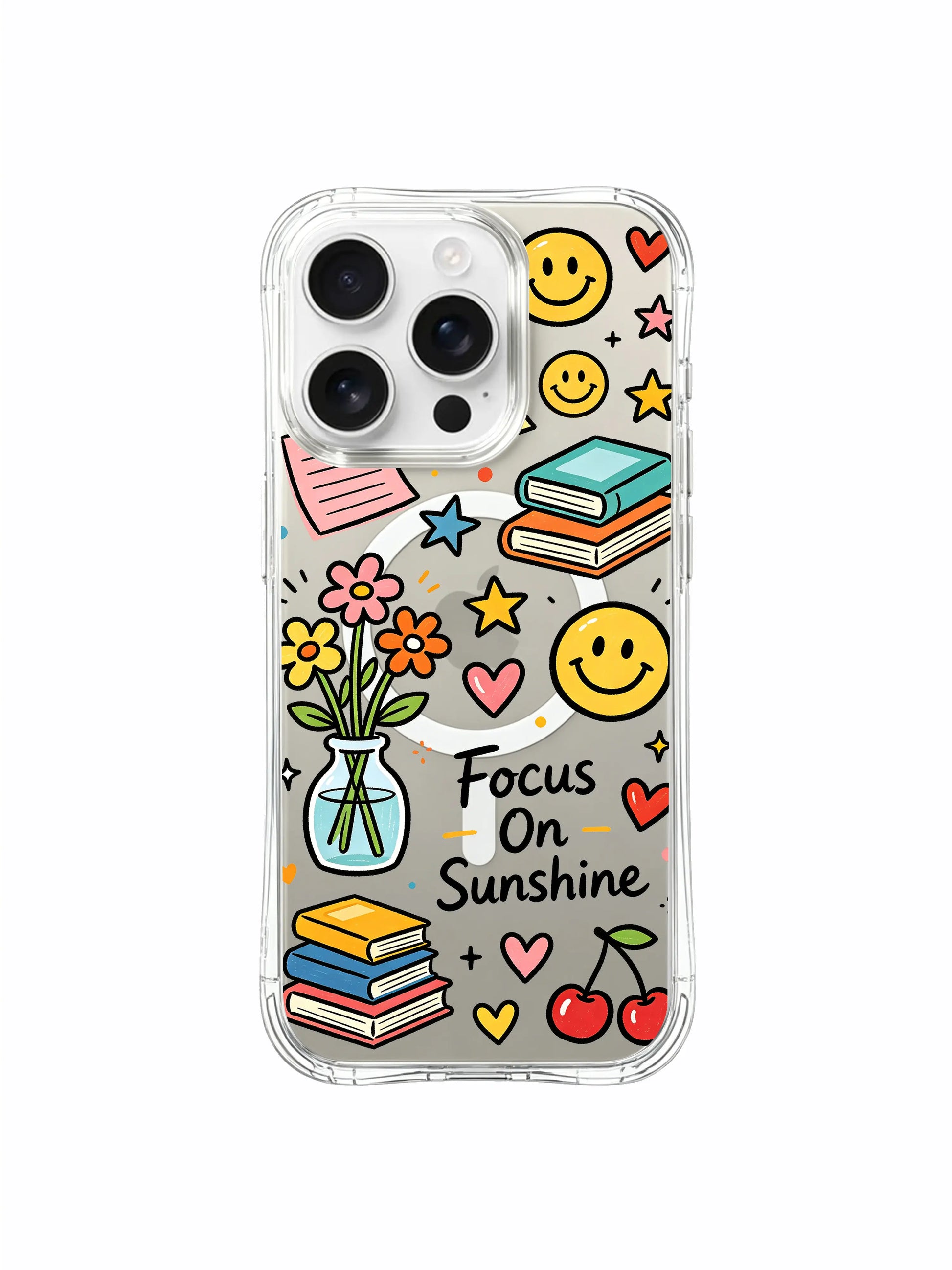 PhoneCasing iPhone 16 pro max daily drop-protective case with heart and smiley accents, book stacks and flower vase vibrant sticker design.