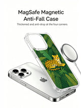 Wild-cat and green-leaf case beside a separate phone and circular accessory.