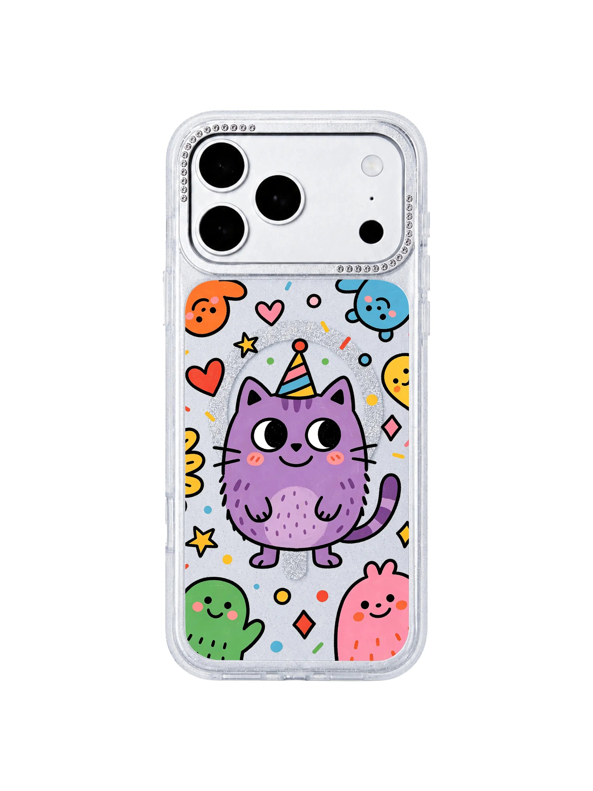 PhoneCasing soft warm cozy interior lifestyle image with Heart Star Stage Cat iPhone 17 Pro Max case, relaxed daily styling featuring sweet self-acceptance doodles on the glitter iPhone 17 Pro Max casing