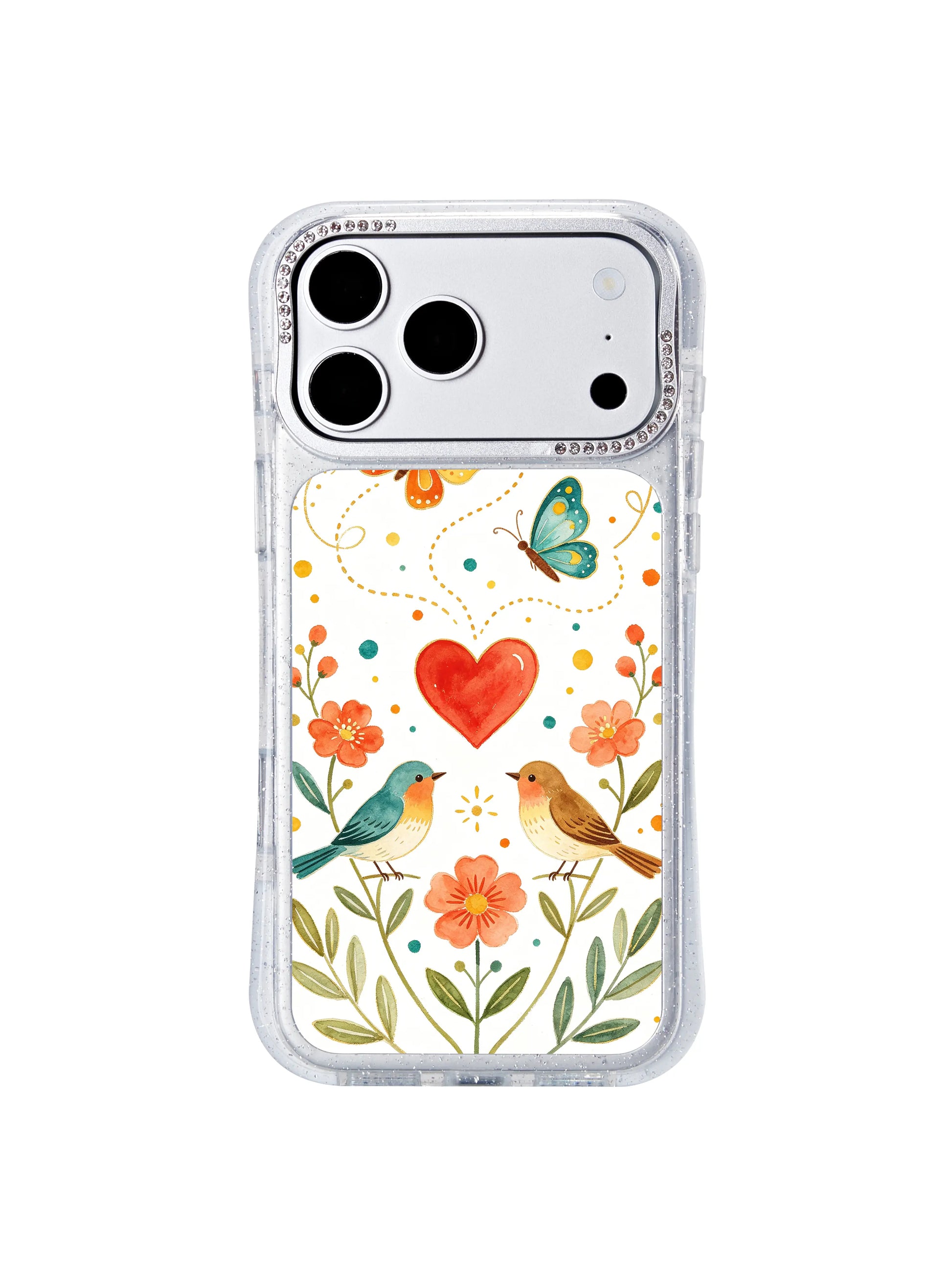 PhoneCasing California-manufactured iphone 17 pro Max case printed with Aurelia Finch’s heart trail bird and butterfly artwork, archival UV ink prevents fading to keep warm floral and rainbow wing tones vivid.