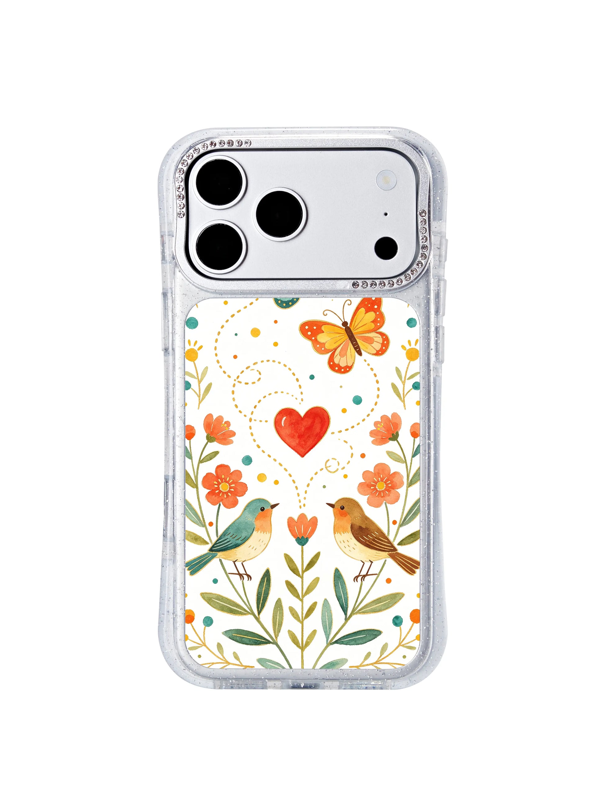 PhoneCasing cozy cottagecore aesthetic iphone 17 pro Max case from Aurelia Finch’s folk garden series, dotted flight trails and central red heart symbolizing gentle love and hopeful connection.